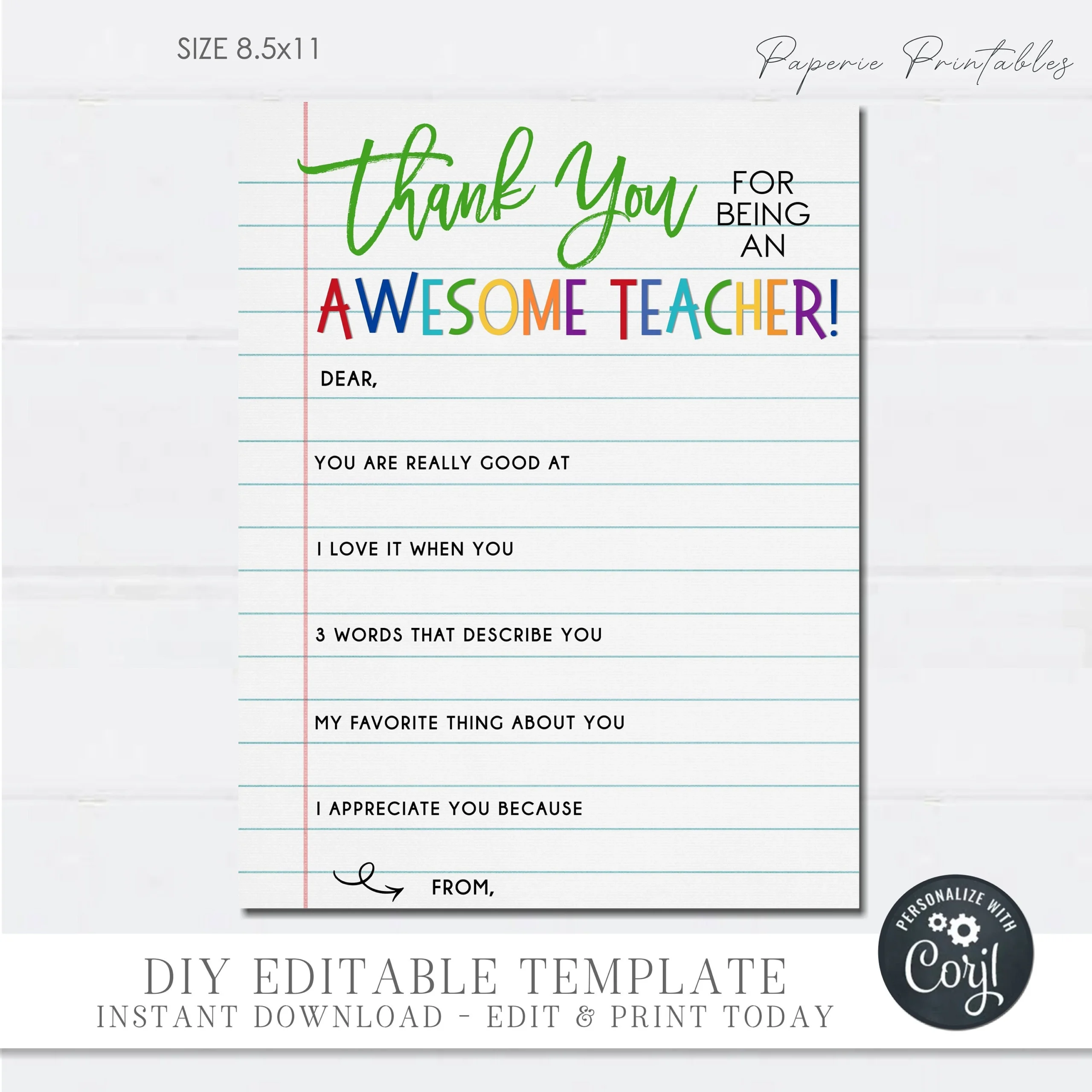 Editable Teacher Appreciation Gift All About My Teacher Printable 