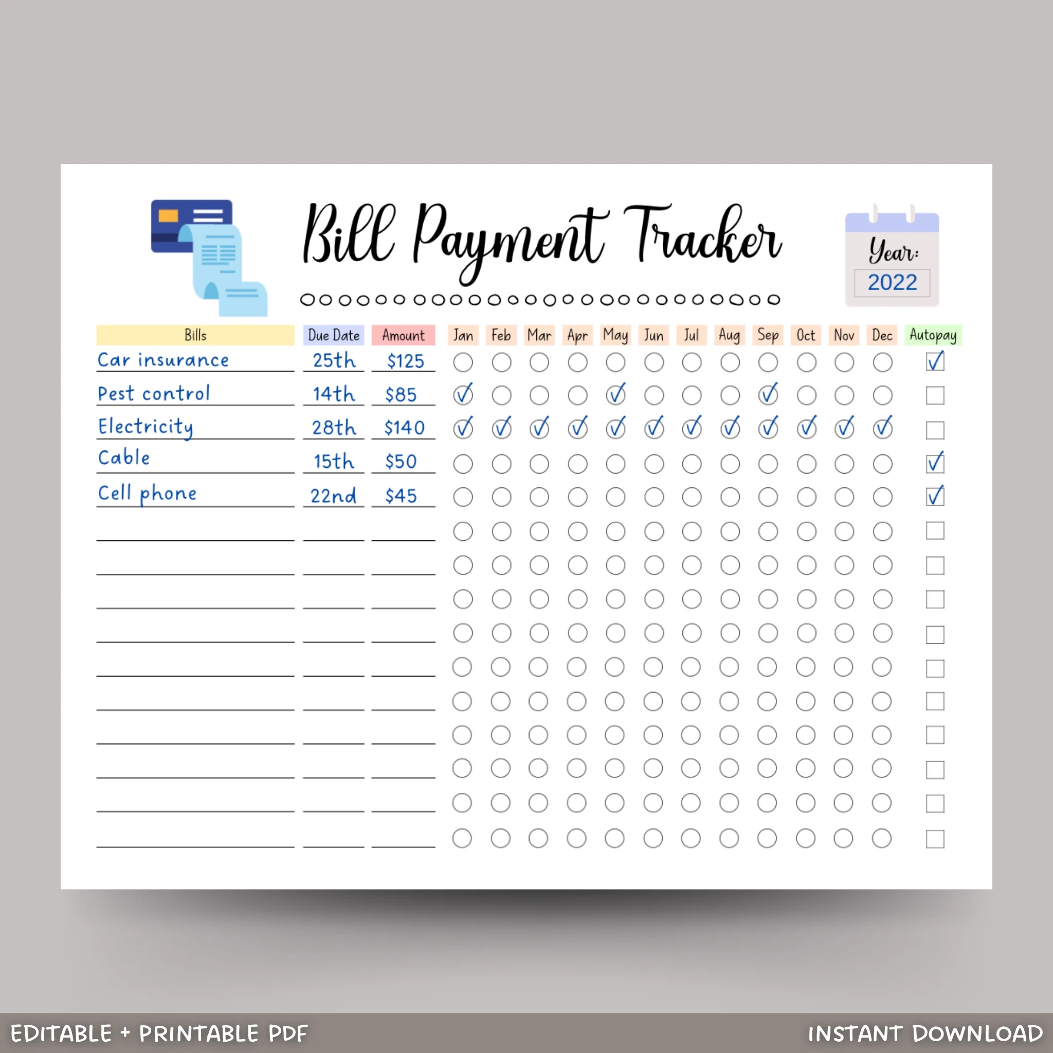 Editable Yearly Bill Tracker Printable Monthly Bill Planner 