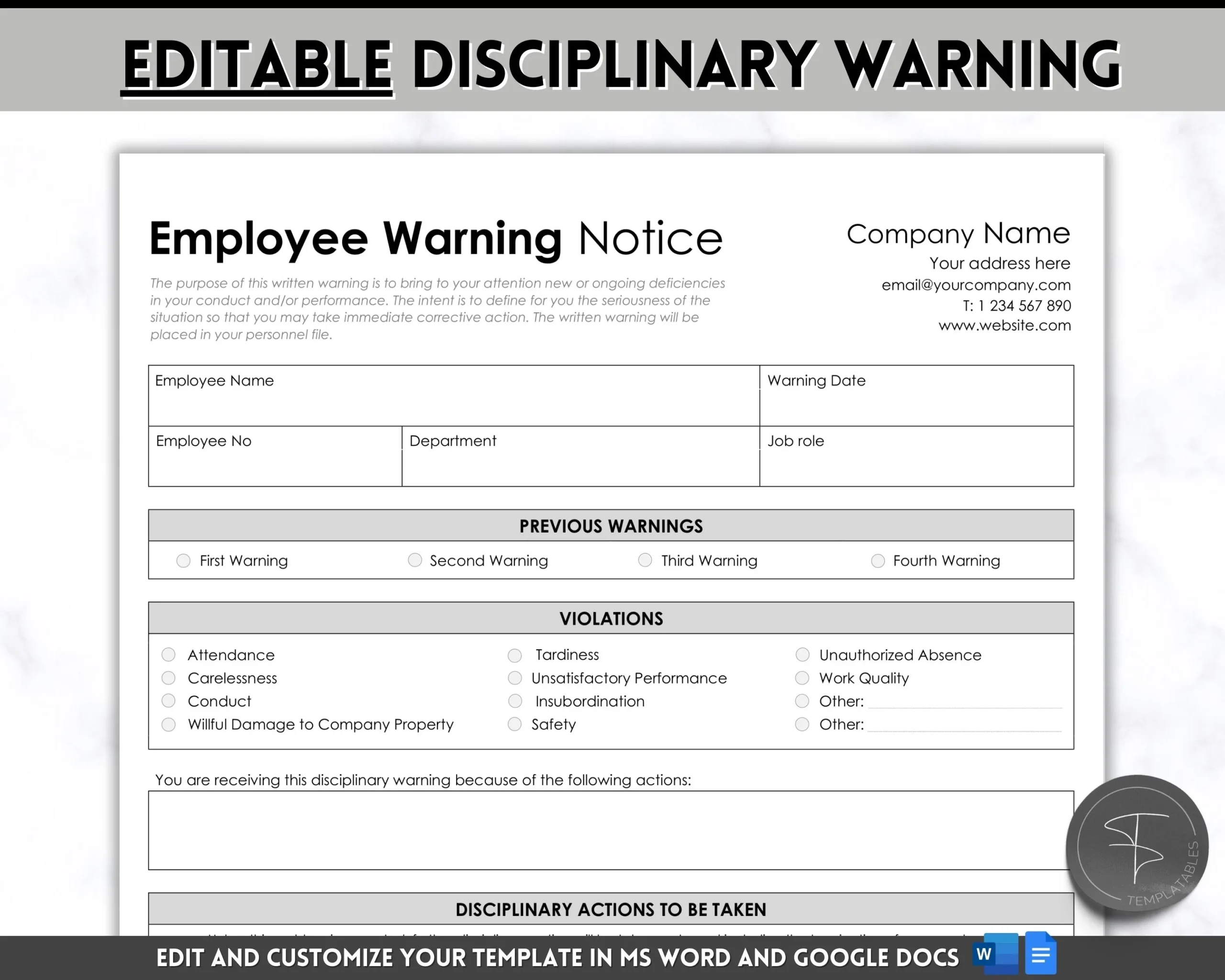 Employee Disciplinary Form EDITABLE Employee Warning Notice