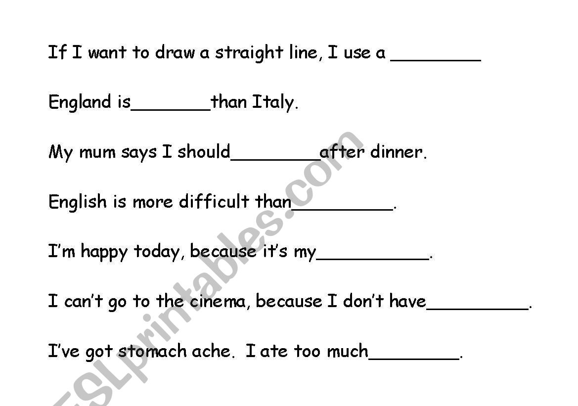 English Worksheets Blankety blank Word Game