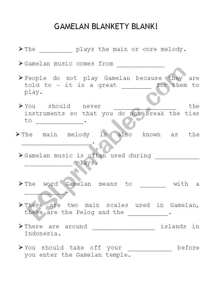 English Worksheets Gamelan Music Blankety Blank