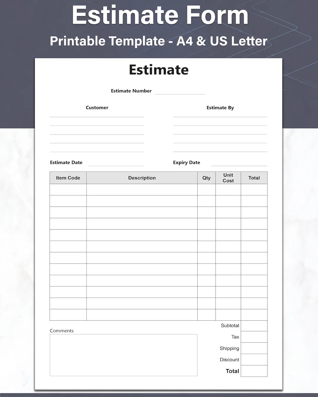 Estimate And Quote Template Simple Estimate Form Printable Quote 