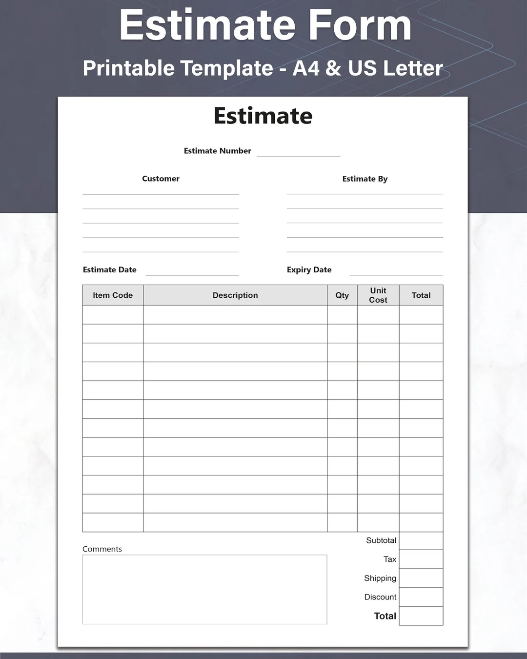 Estimate And Quote Template Simple Estimate Form Printable Quote 