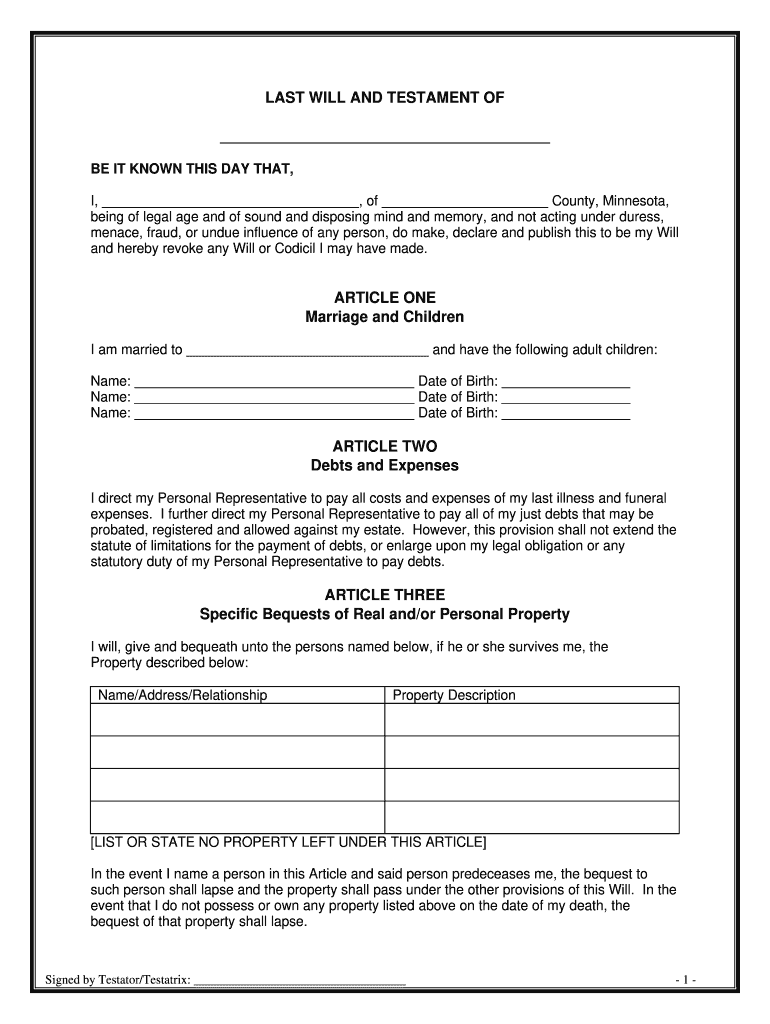 Example Of Will And Testament Form Fill Online Printable 