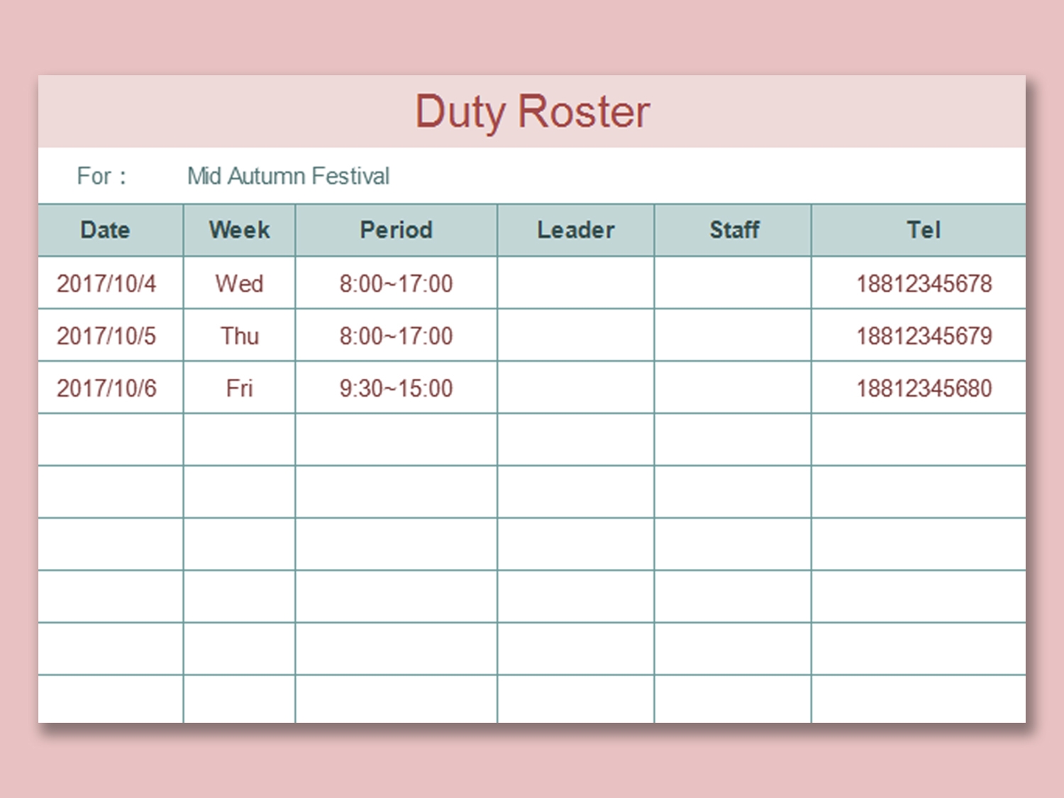 EXCEL Of Duty Roster Form xlsx WPS Free Templates