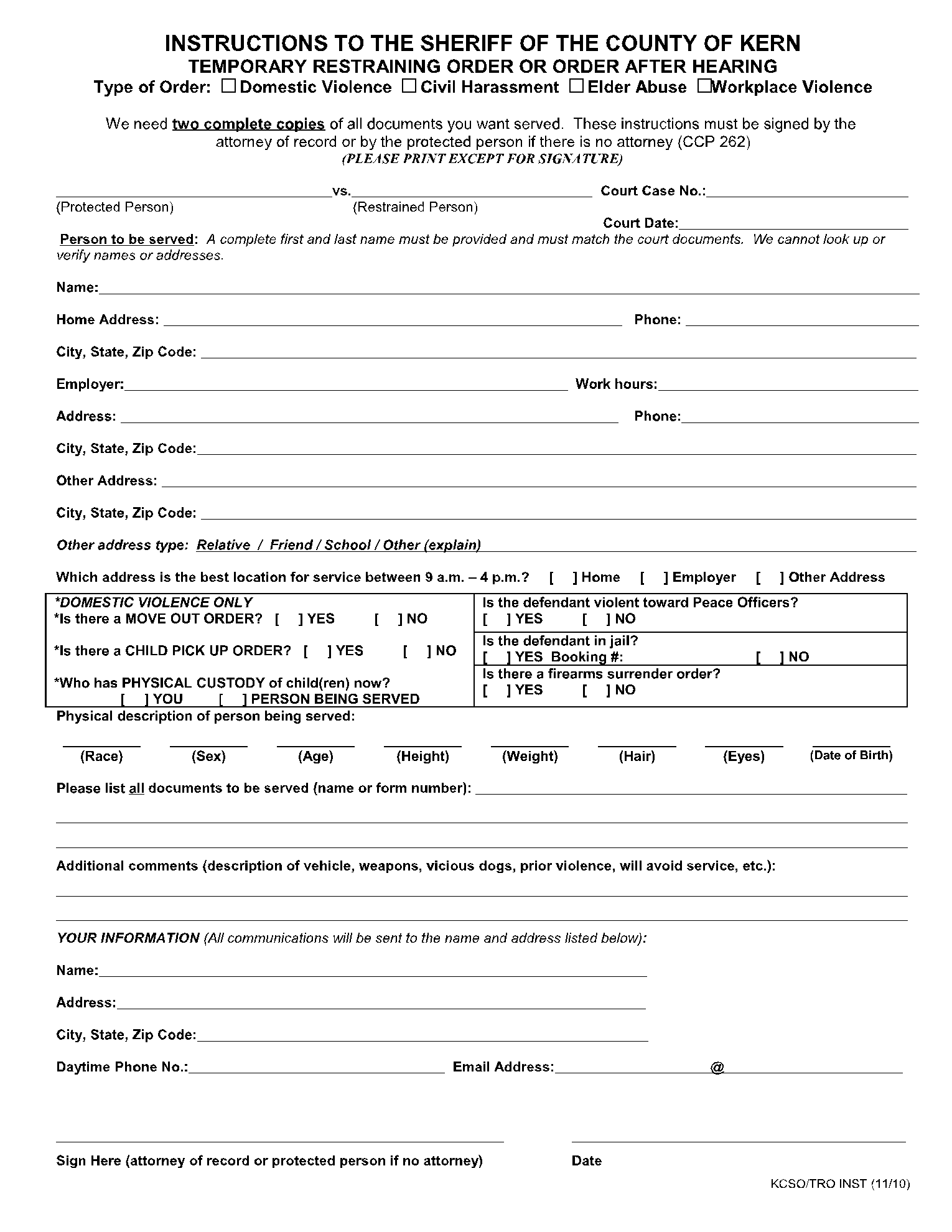 Printable Blank Restraining Order