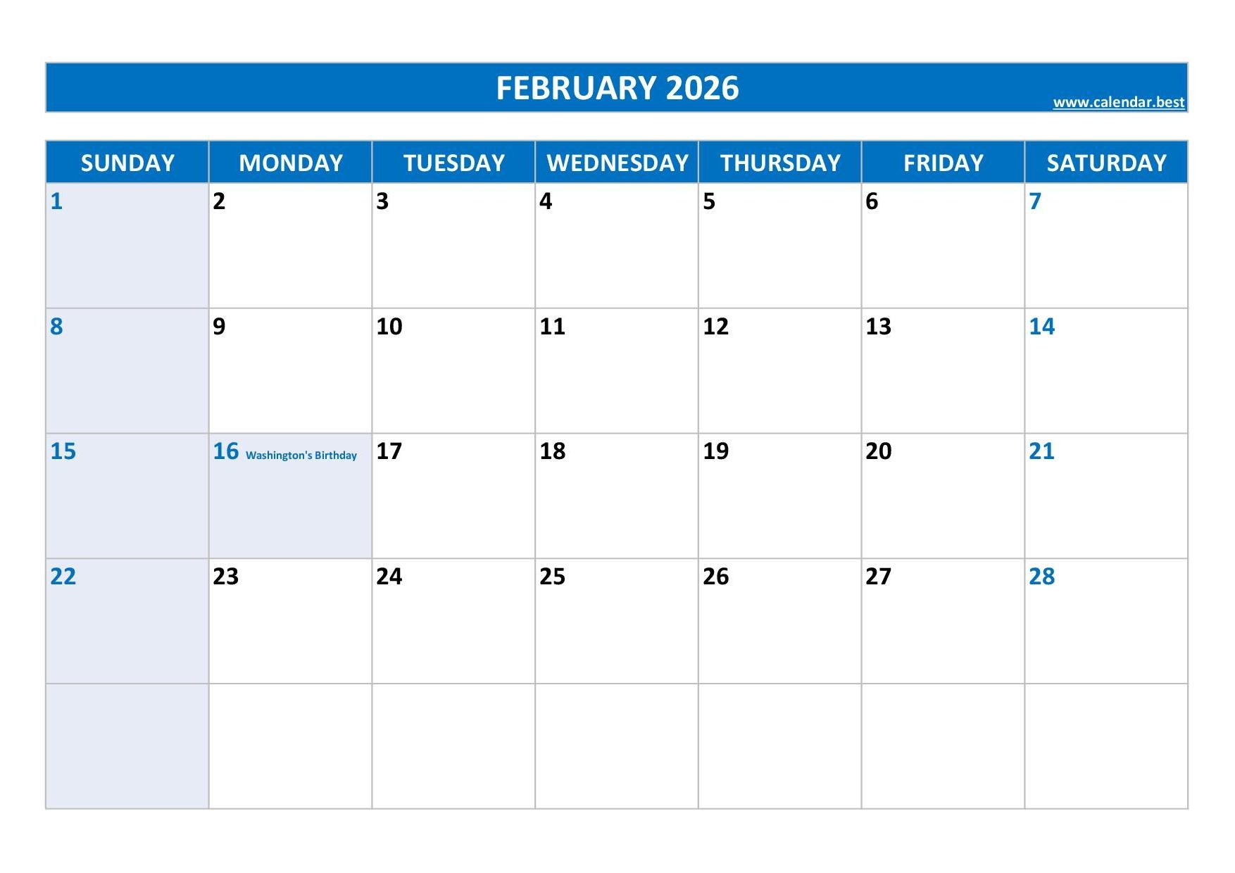 Blank February Calendar 2026 Printable