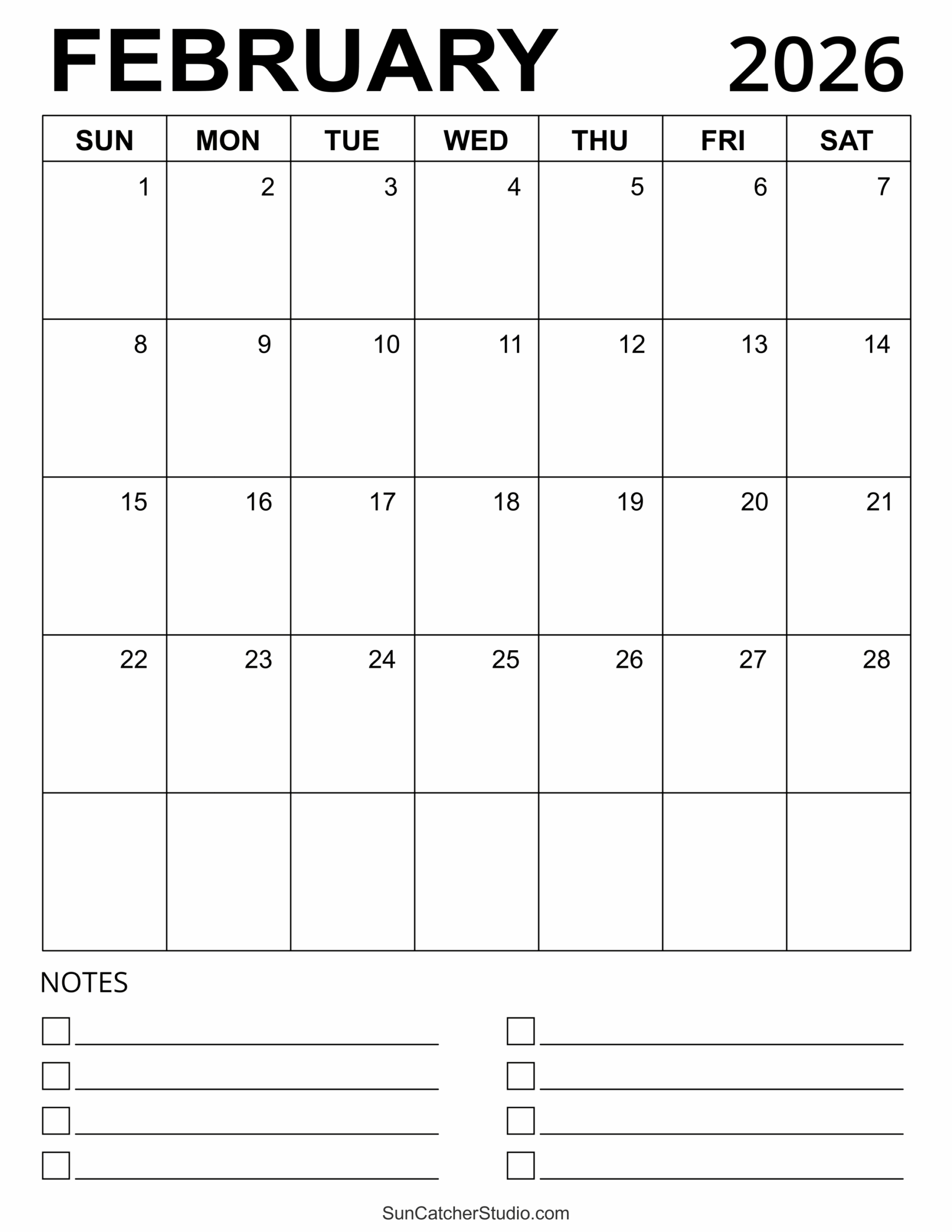 Blank Feb 2026 Calendar Printable