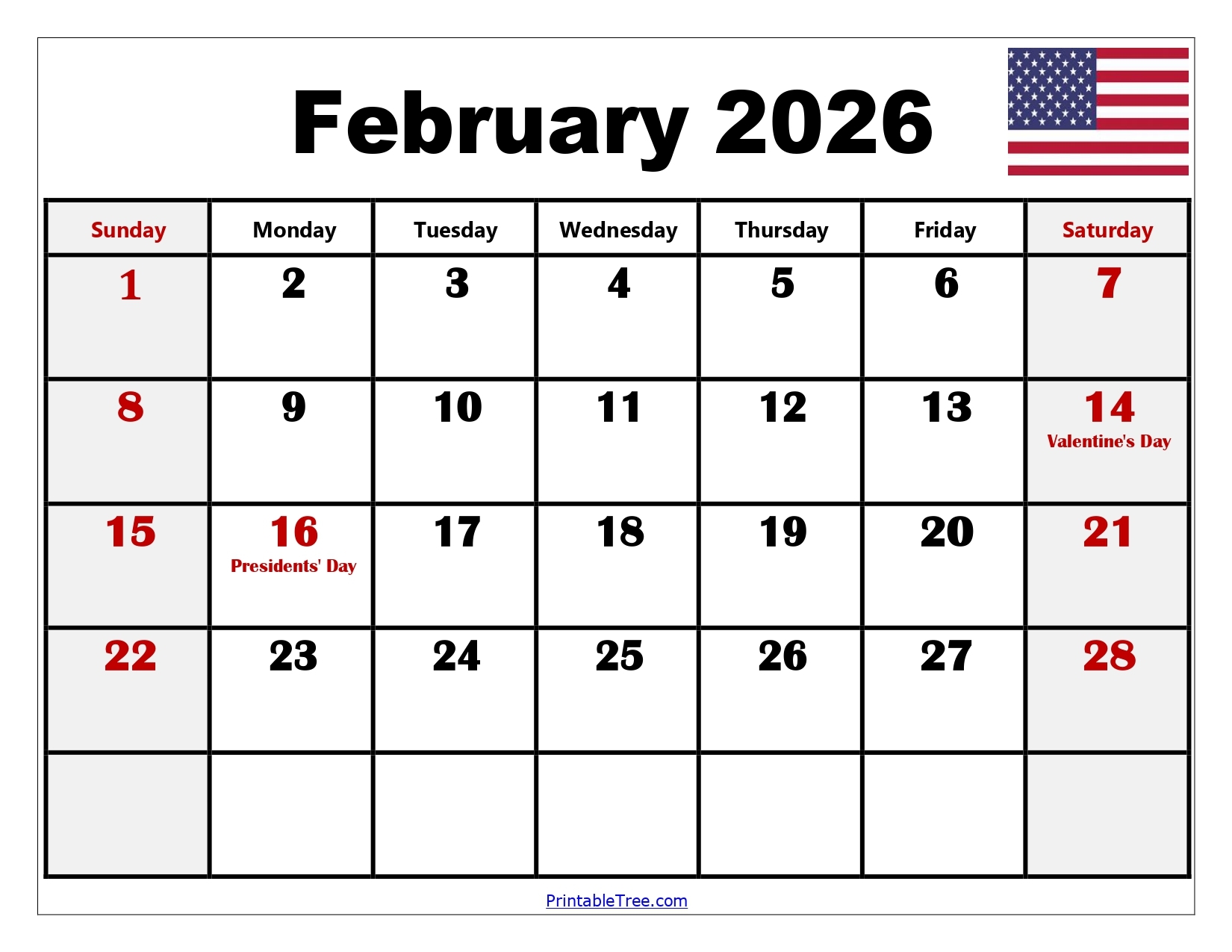 February Blank Calendar 2026 Printable