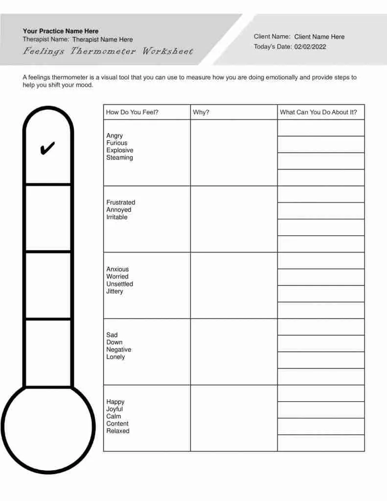 Feelings Thermometer Worksheet Editable Fillable Printable PDF 