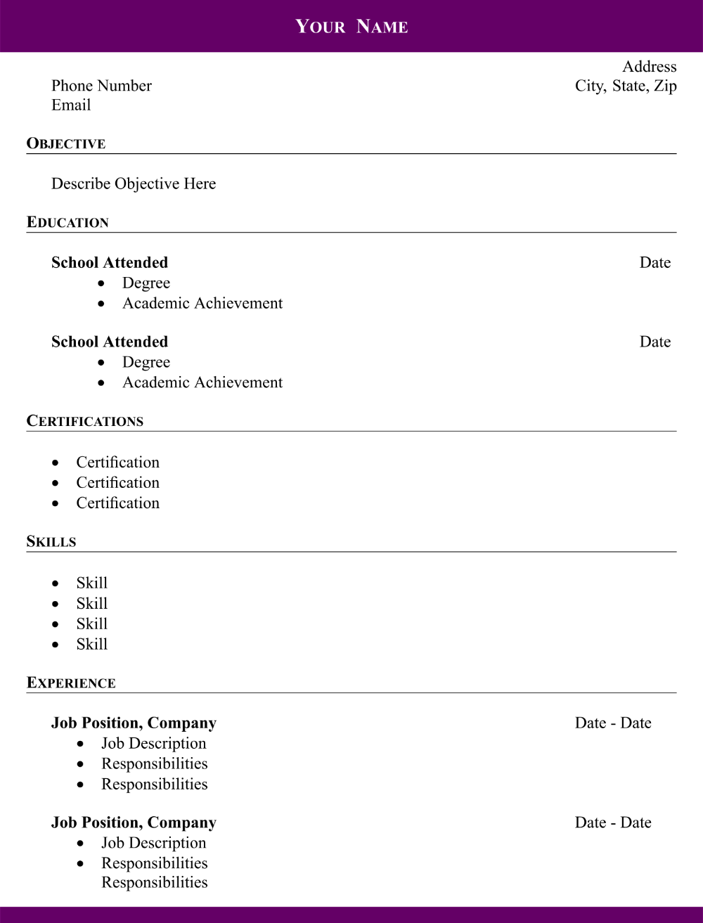 Simple Resume Template Blank Printable
