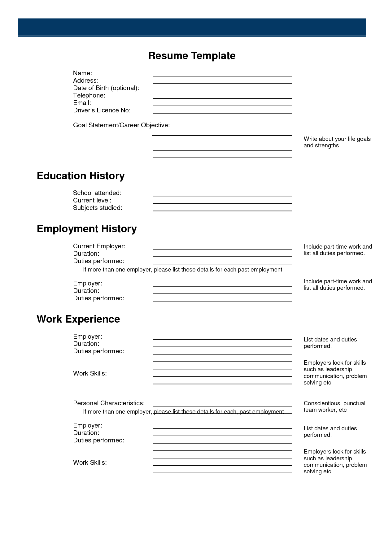 Printable Blank Resume Template