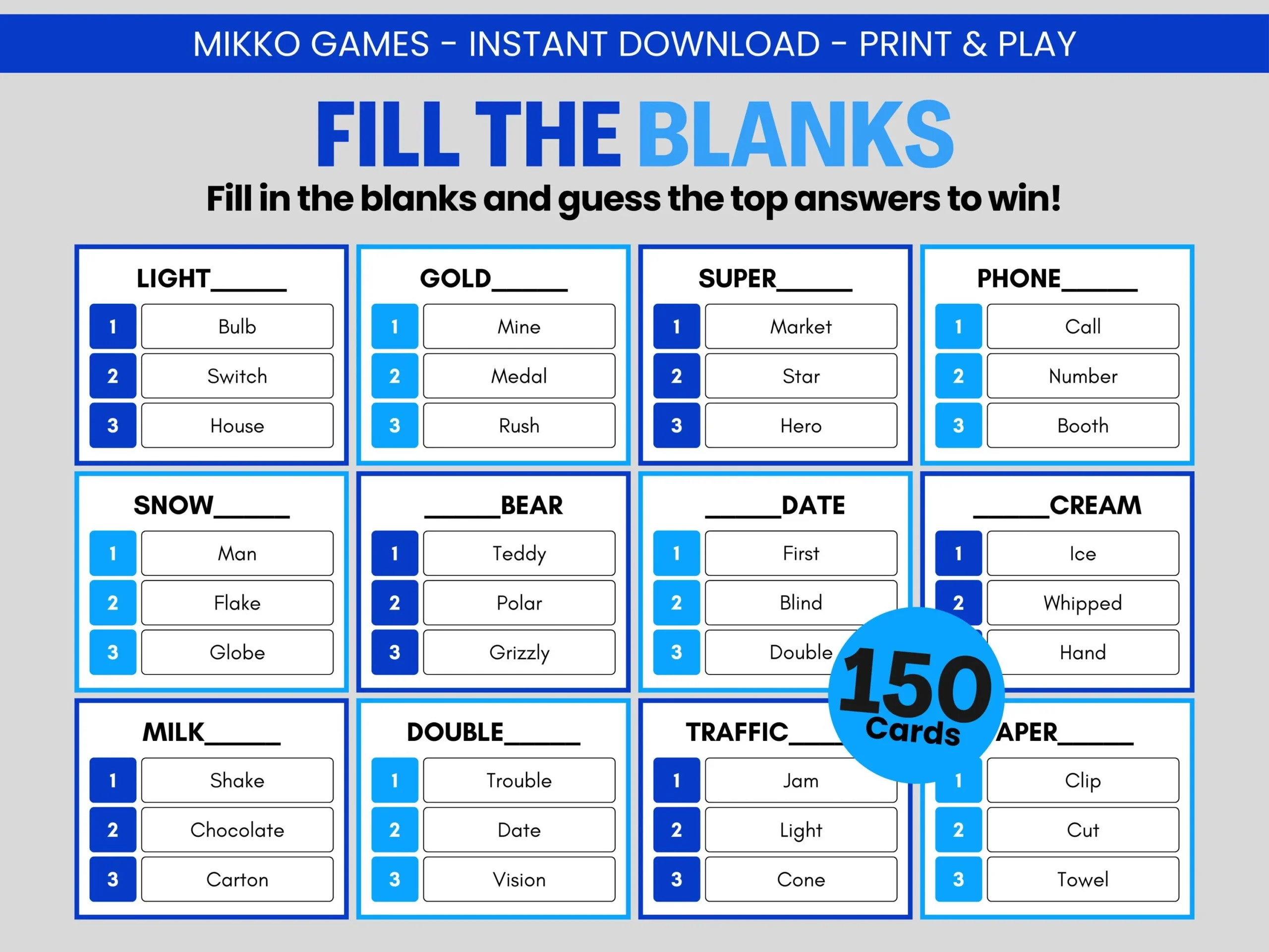 Fill The Blanks Printable Large Group Party Game For Kids amp Adults Blankety Blank Super Match Game For Dinner Parties And Family Reunions
