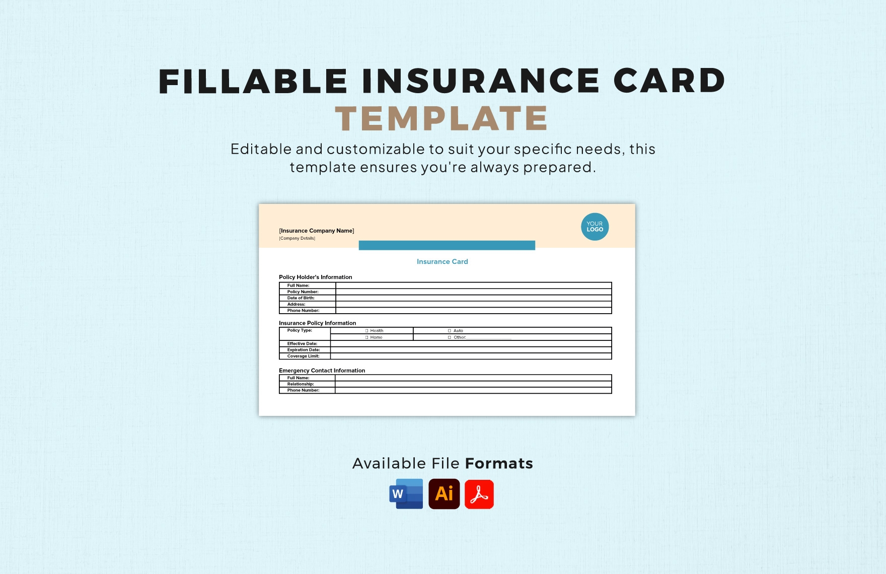 Fillable Insurance Card Template In Illustrator PDF Word 