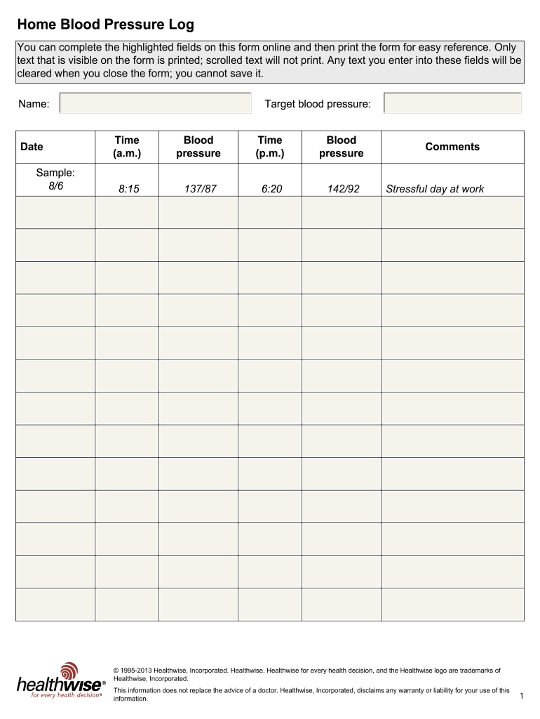Fillable Online Intermountainhealthcare Blood Pressure Chart Fax 