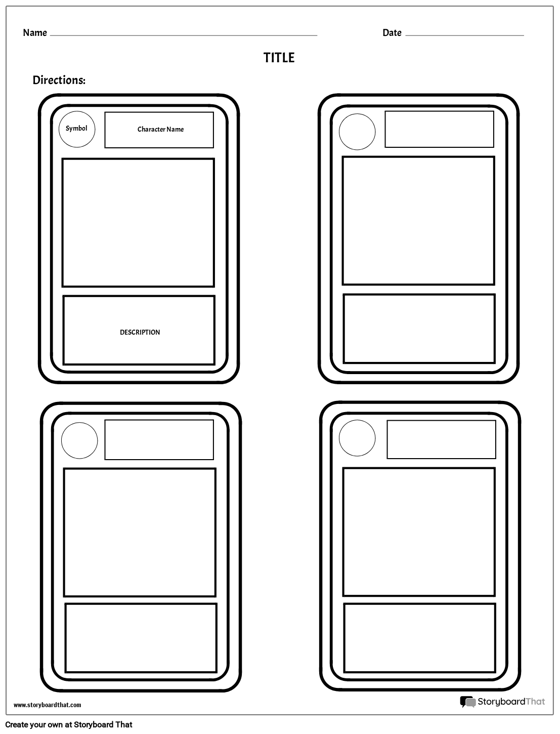 Four Trading Cards Character Map Worksheet Template