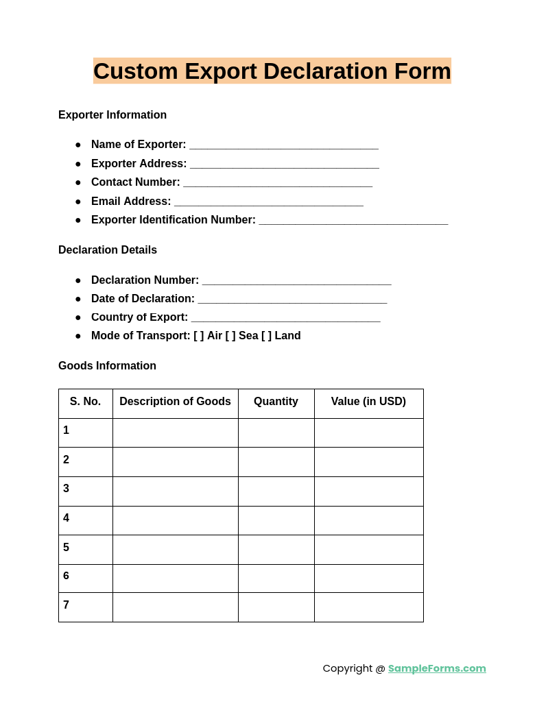 Blank Customs Form Printable