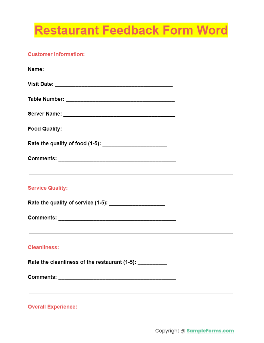 Restaurant Write Up Blank Printable