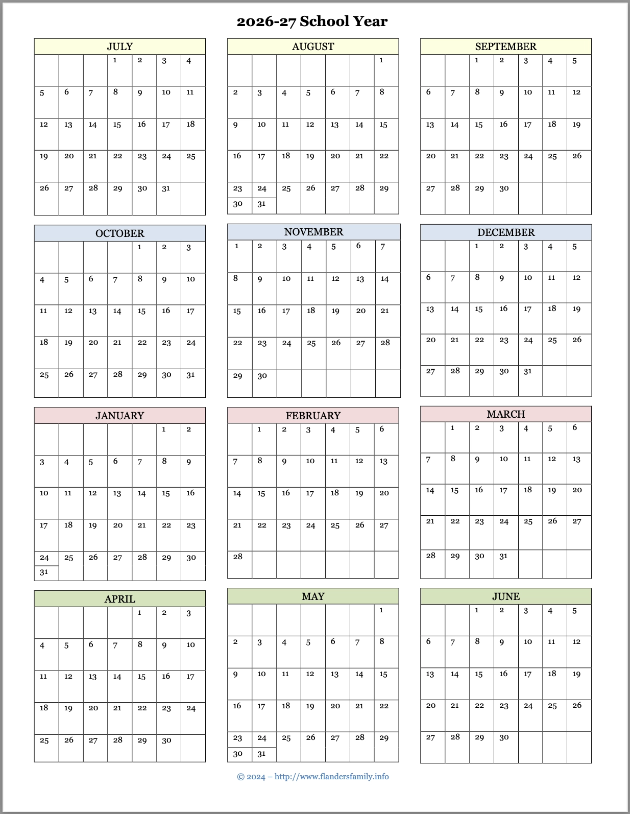 Printable 2026 Academic Calendar Blank