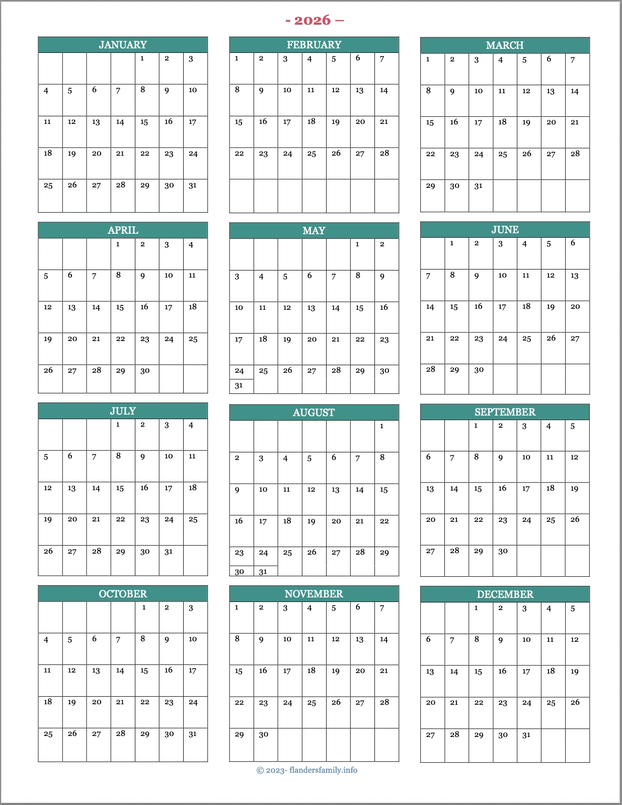 Calendar 2026 Printable Blank