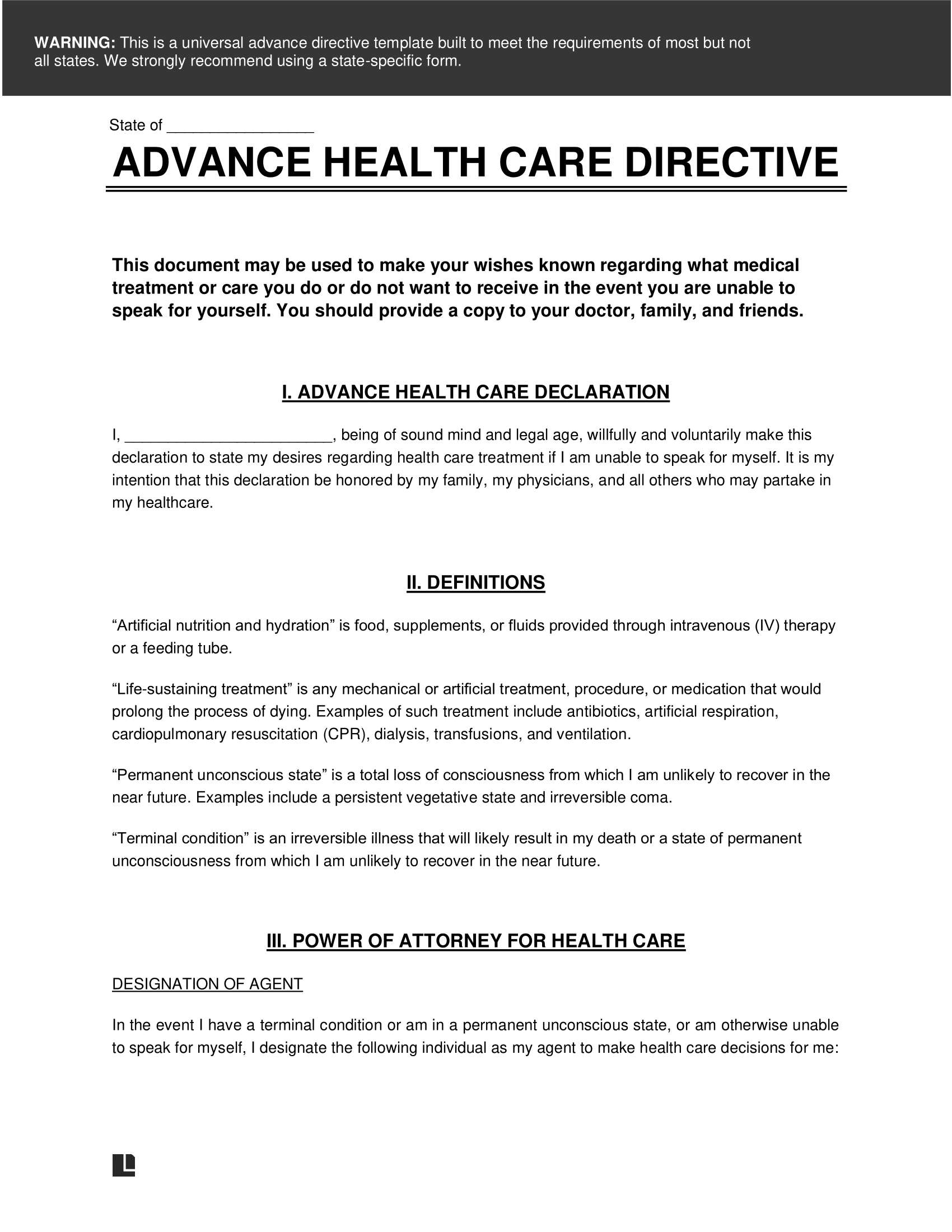 Blank Printable Advance Directives Nebraska