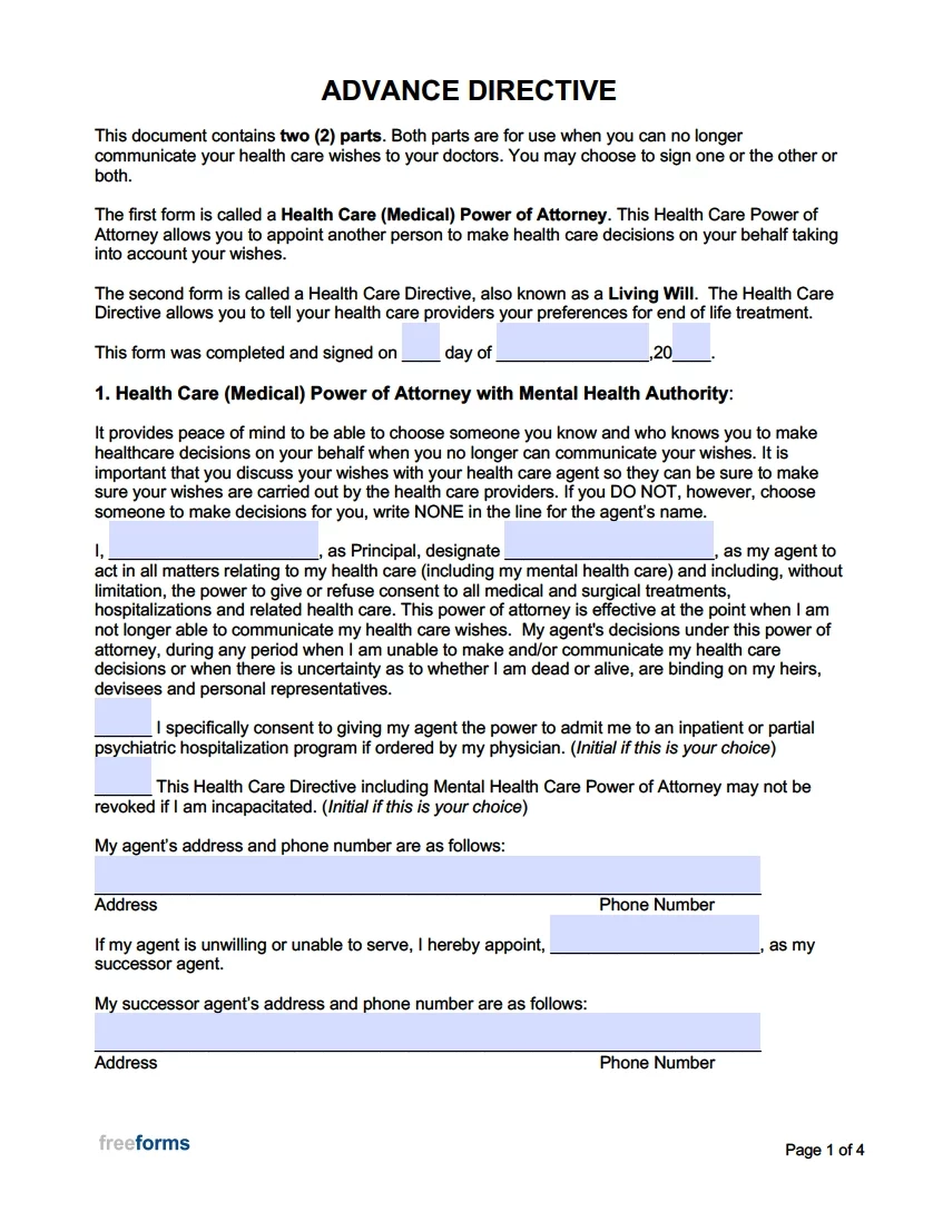 Free Advance Directive Forms Medical Power Of Attorney amp Living 
