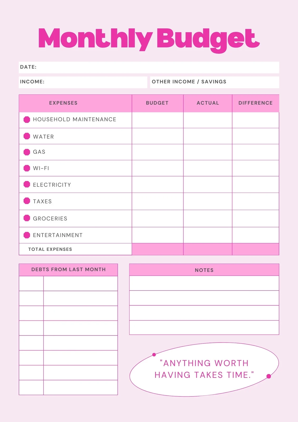 Blank Printable Monthly Budget