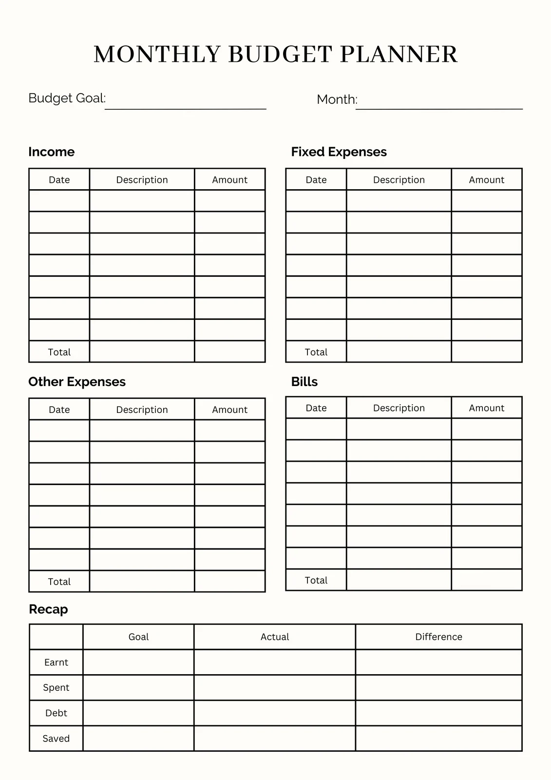 Printable Blank Calendar For Budeting