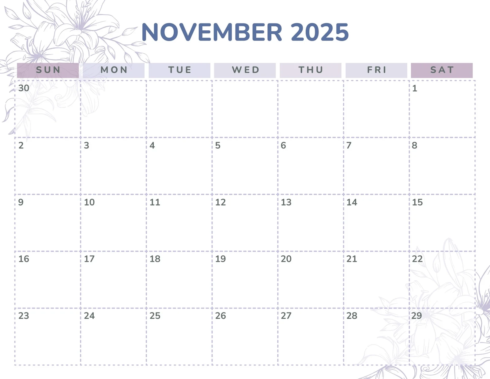 Printable Blank Monthly Calendar November