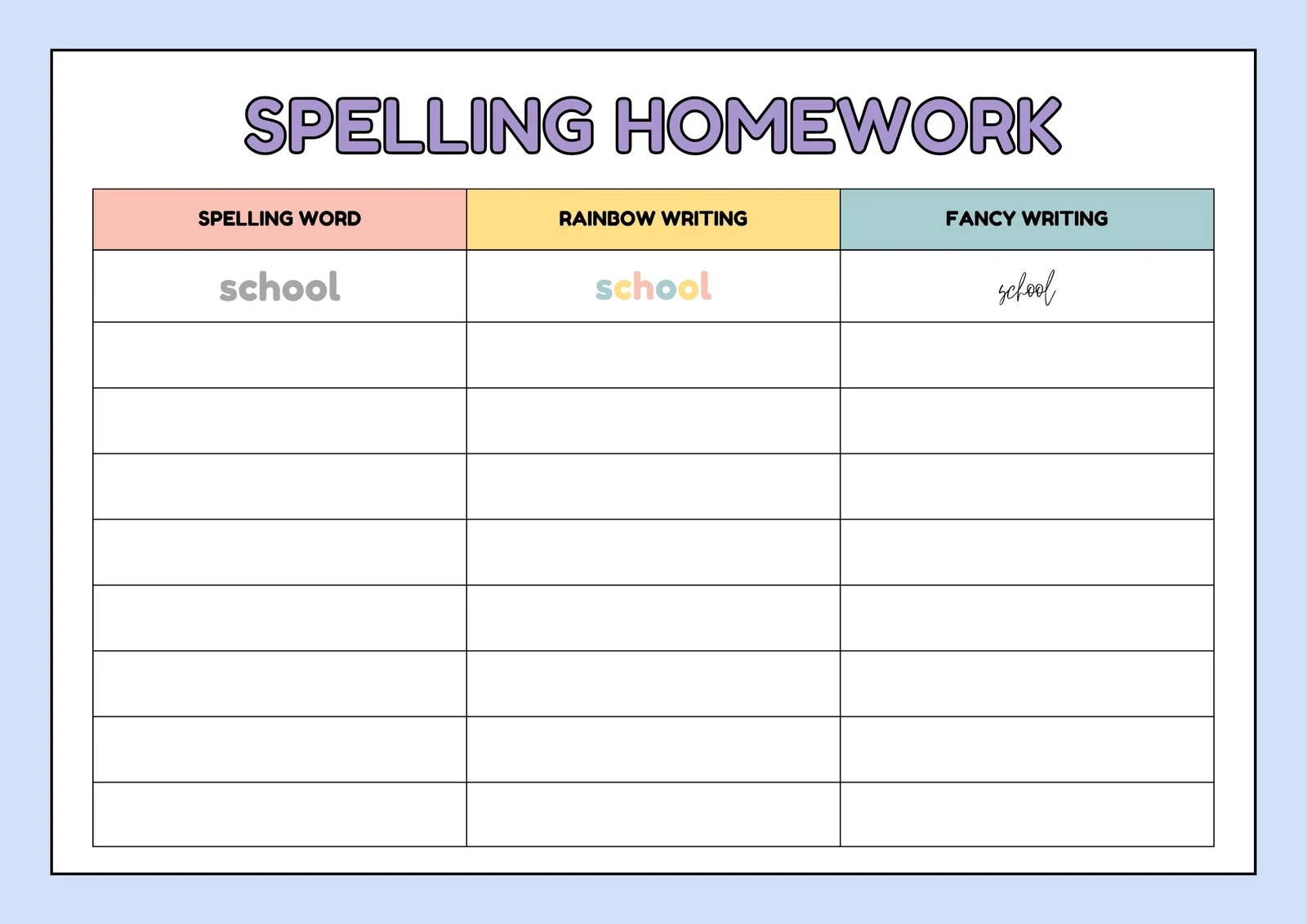 Spelling Homework Printable Blank