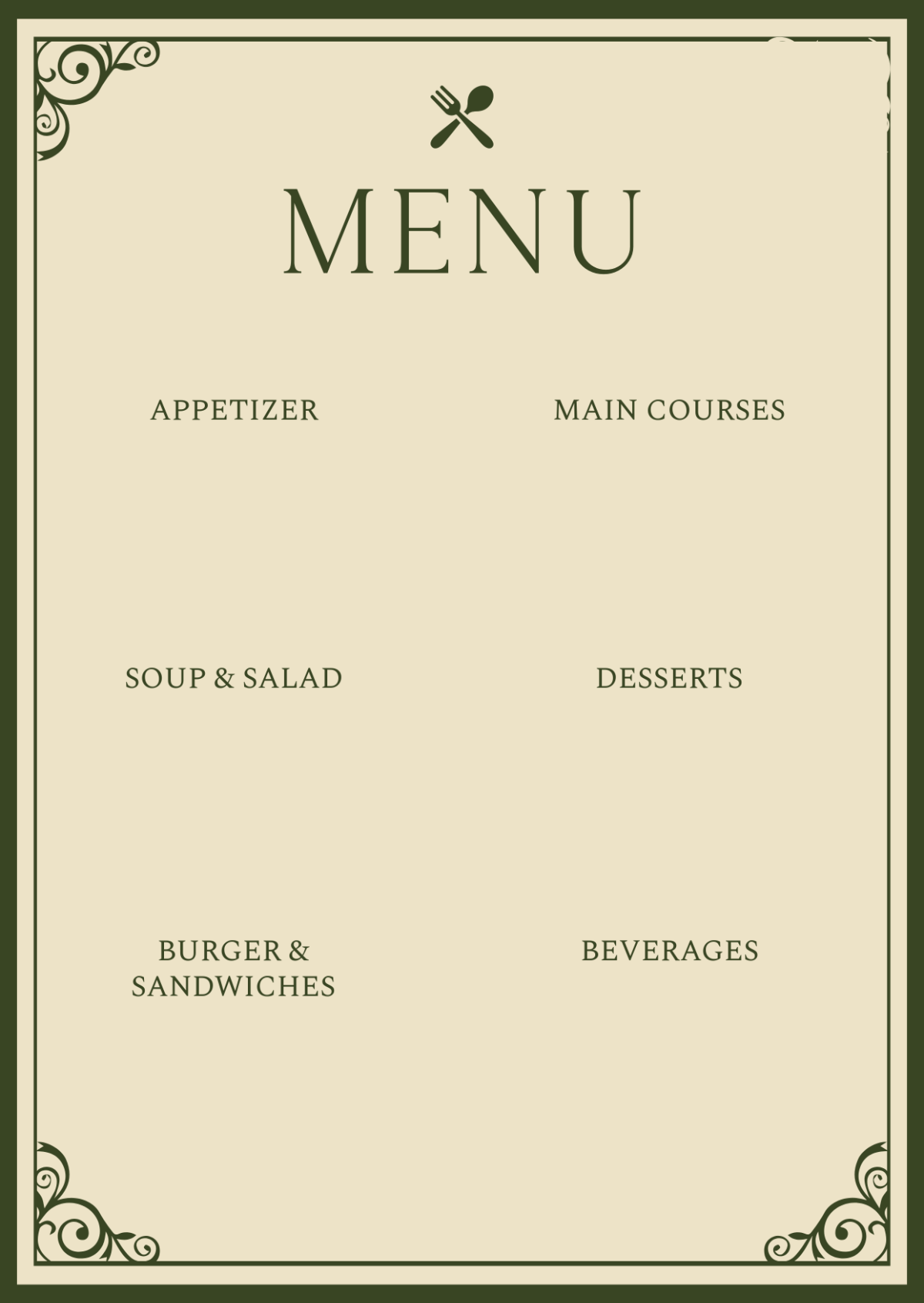 Printable Elegant Blank Menu Template