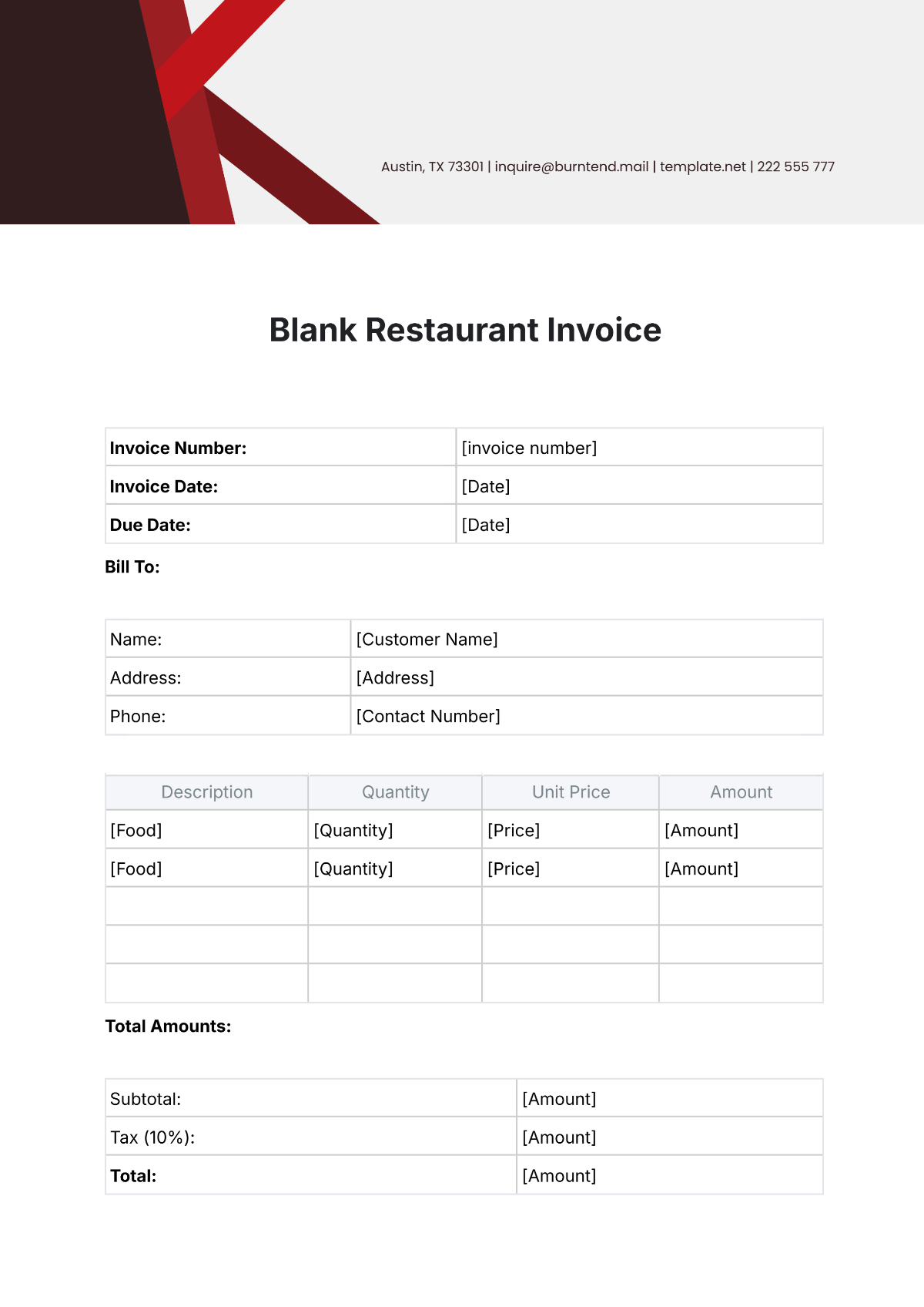 Free Blank Restaurant Invoice Template To Edit Online