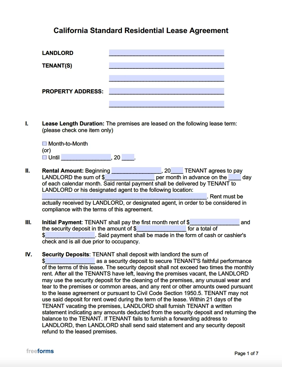 Blank Printable California Rental Agreement