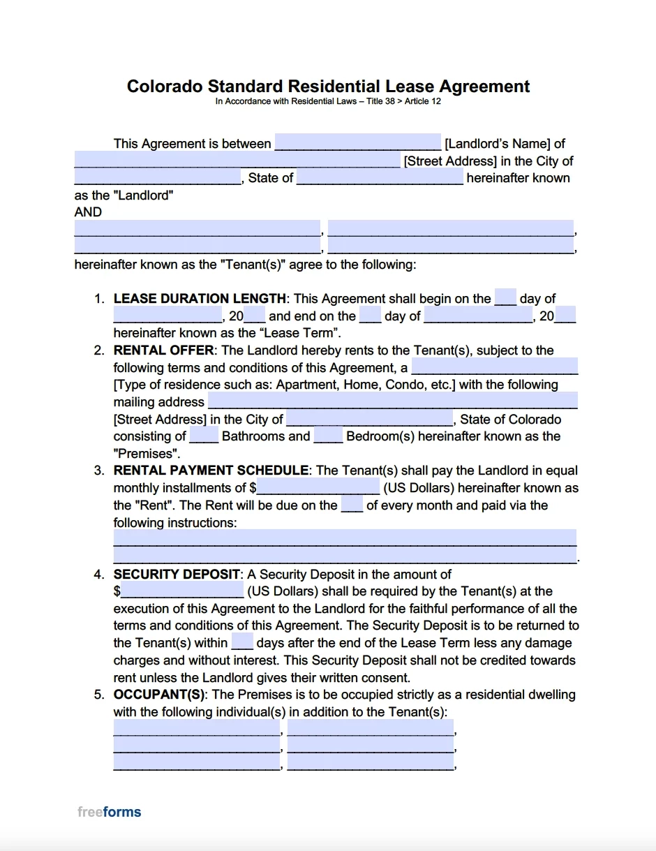 Free Colorado Standard Residential Lease Agreement Template PDF 