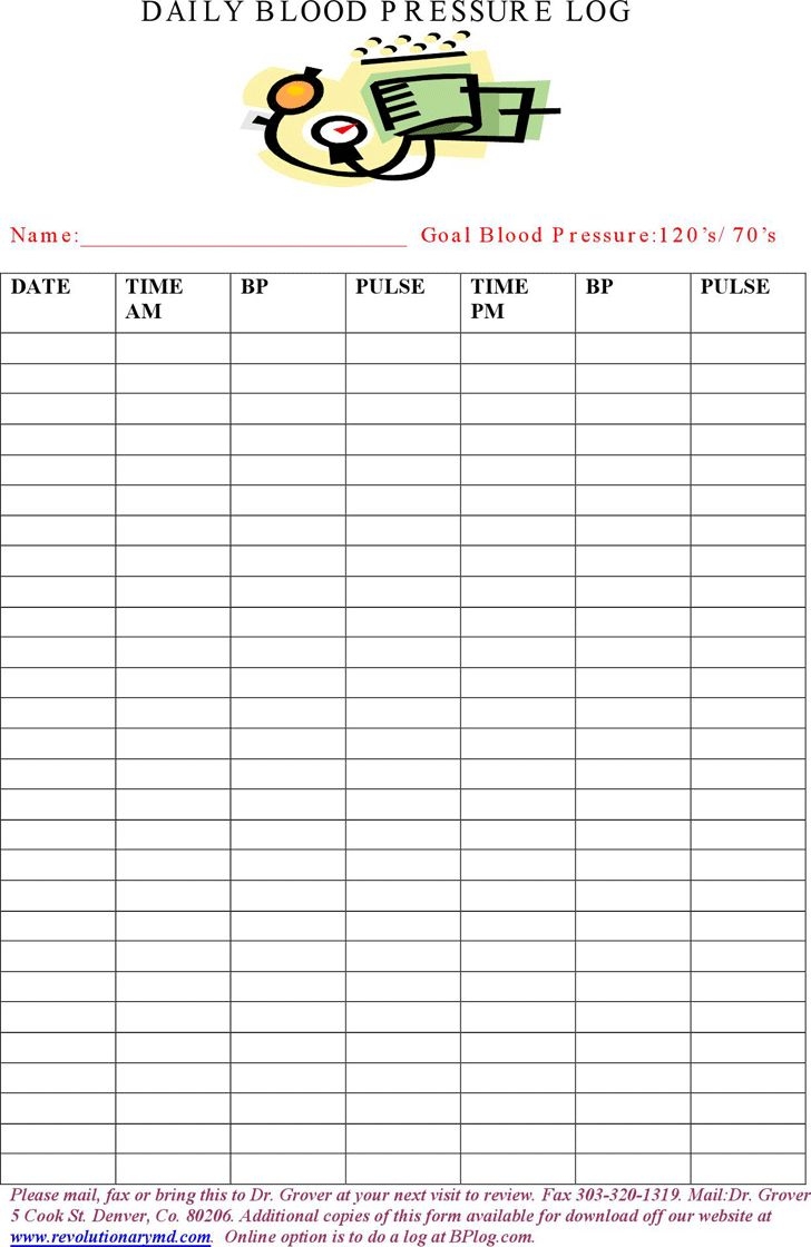 Blood Pressure Chart Blank Printable