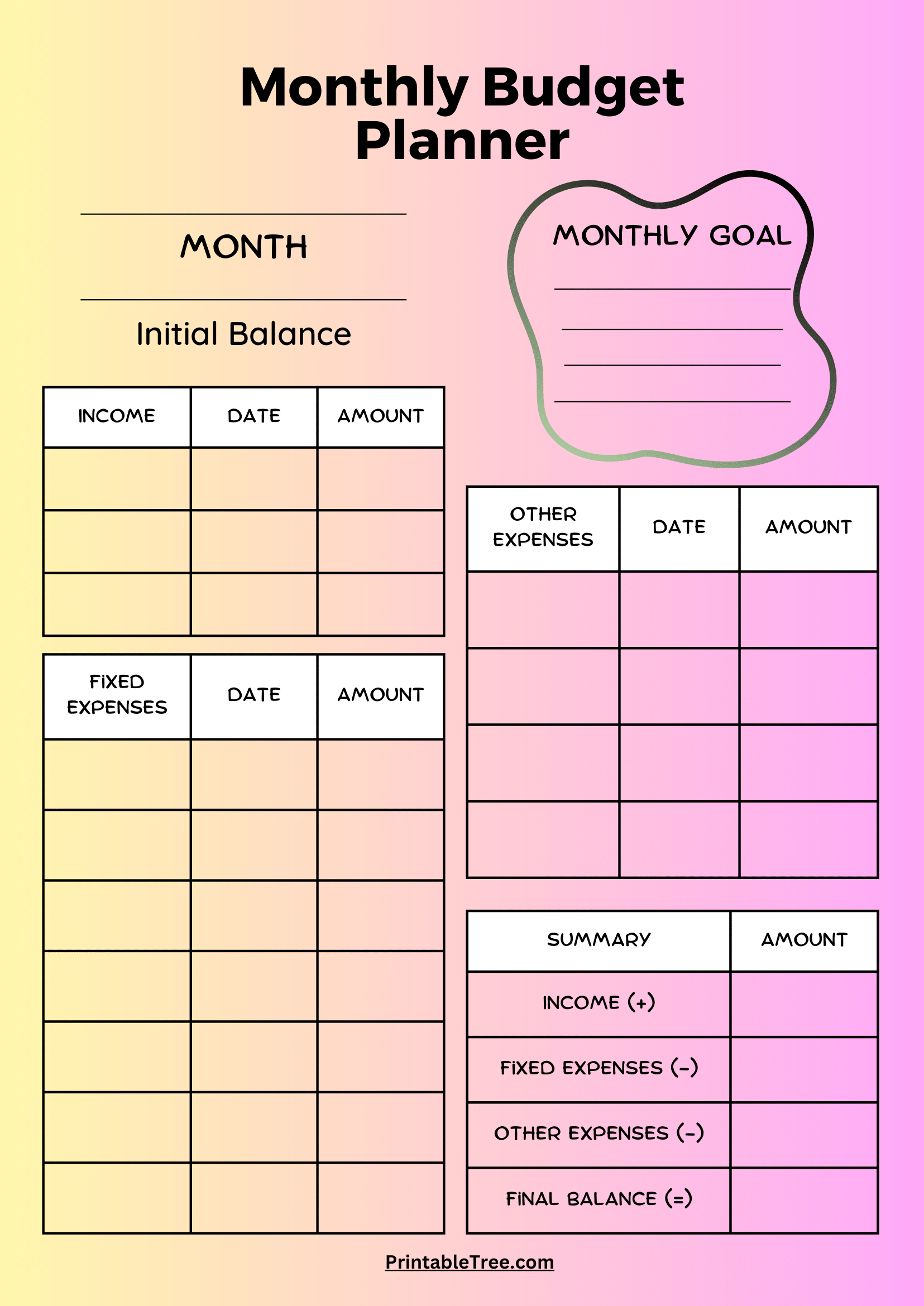 Printable Blank Budget Calendar