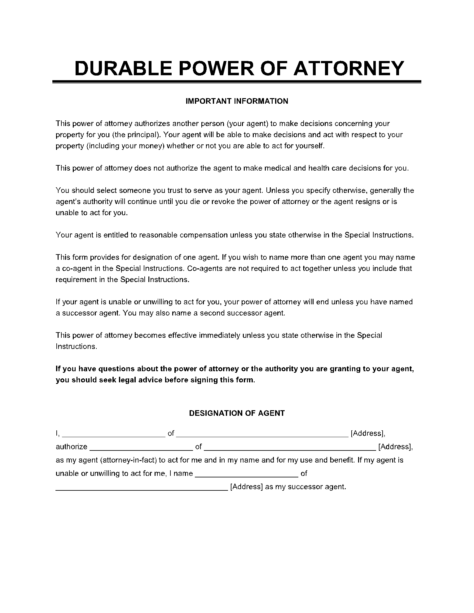 Free Durable Power Of Attorney Forms PDF CocoSign
