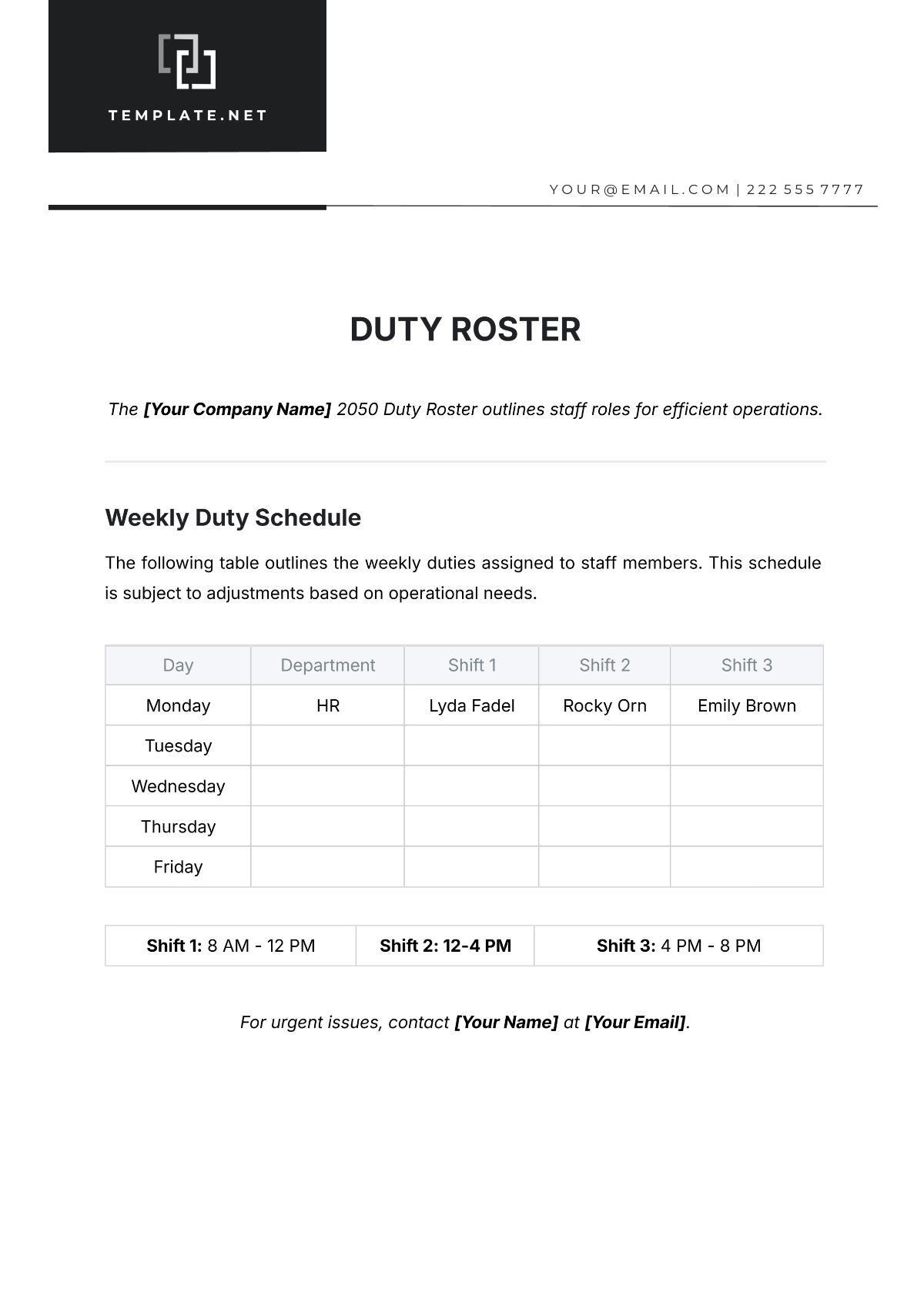 Free Printable Blank Duty Roster