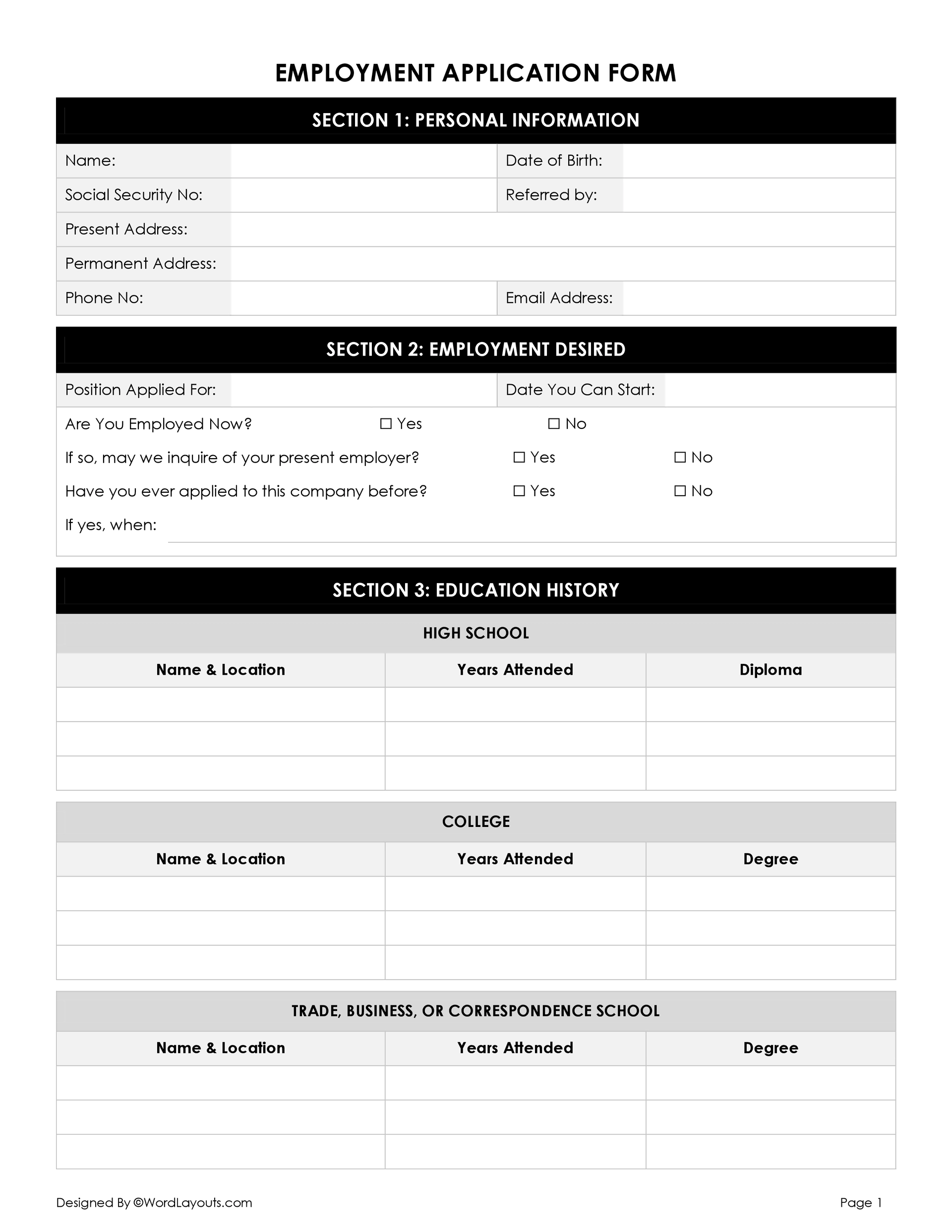 Blank Printable Job Applications