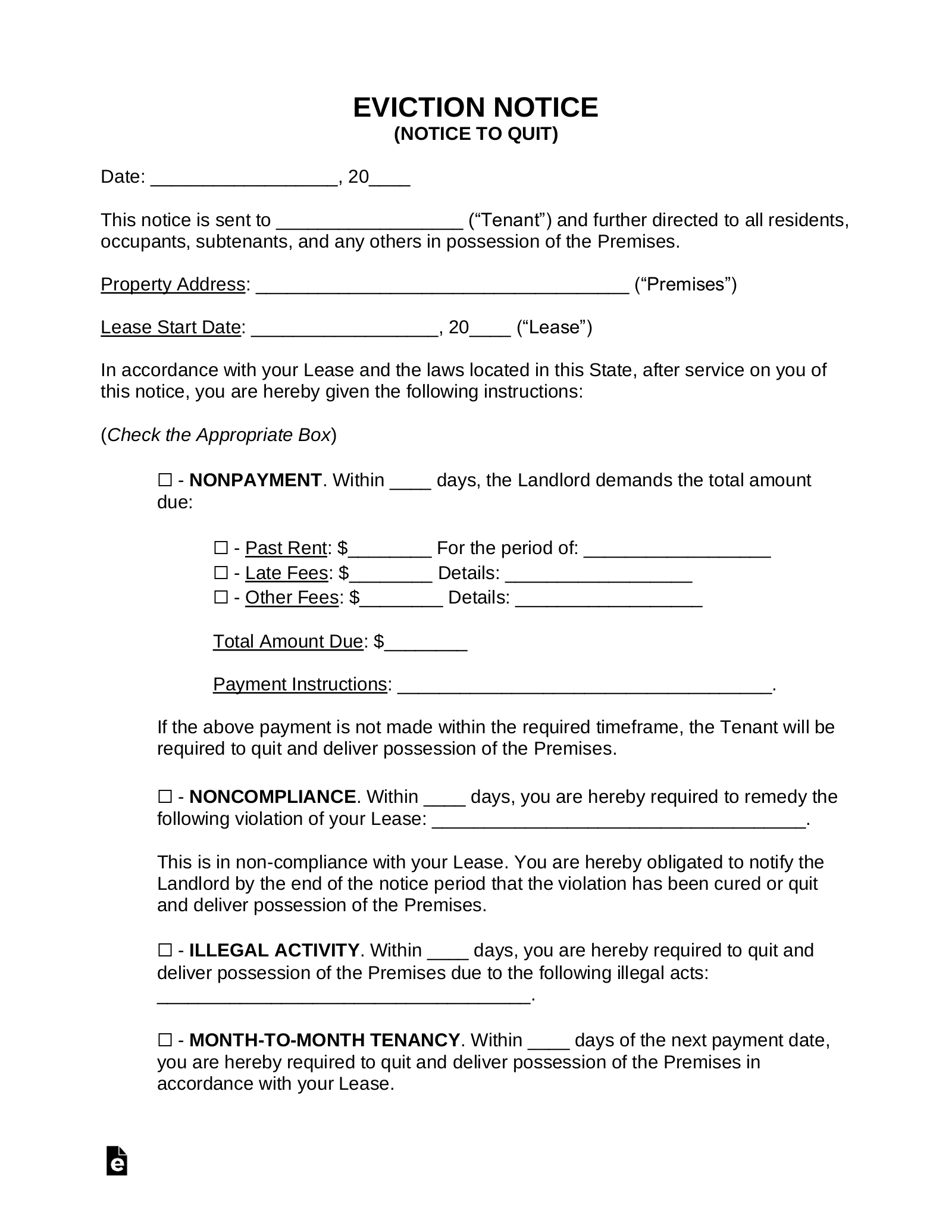 Free Printable Blank Eviction Notice