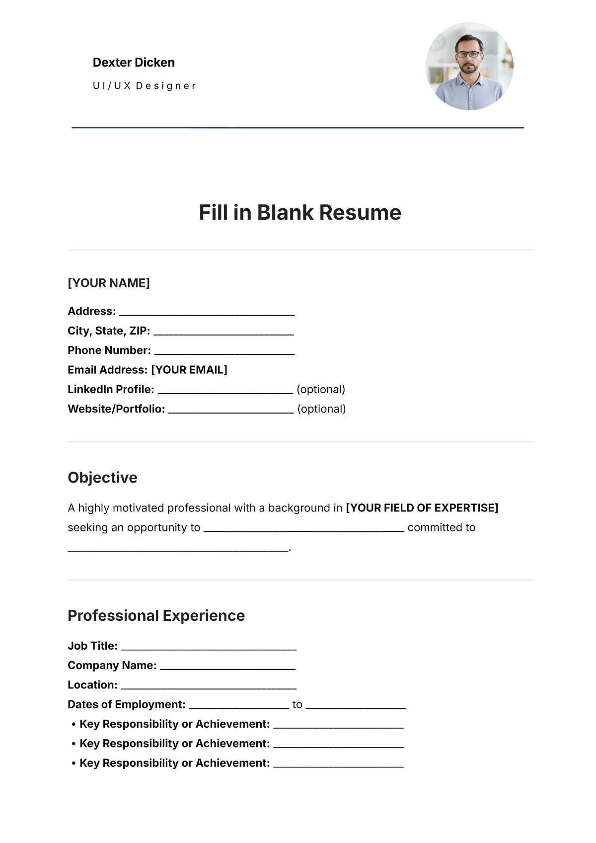 Printable Downloadable Blank Resume Template
