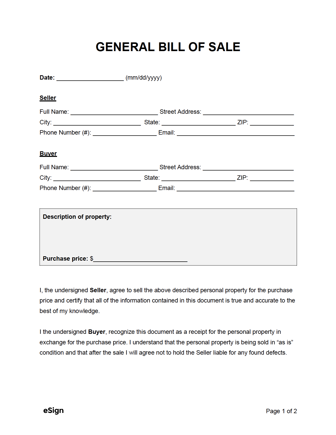 Printable Blank Bill Of Sale
