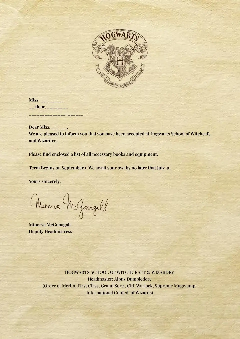Printable Blank Hogwarts Letterhead