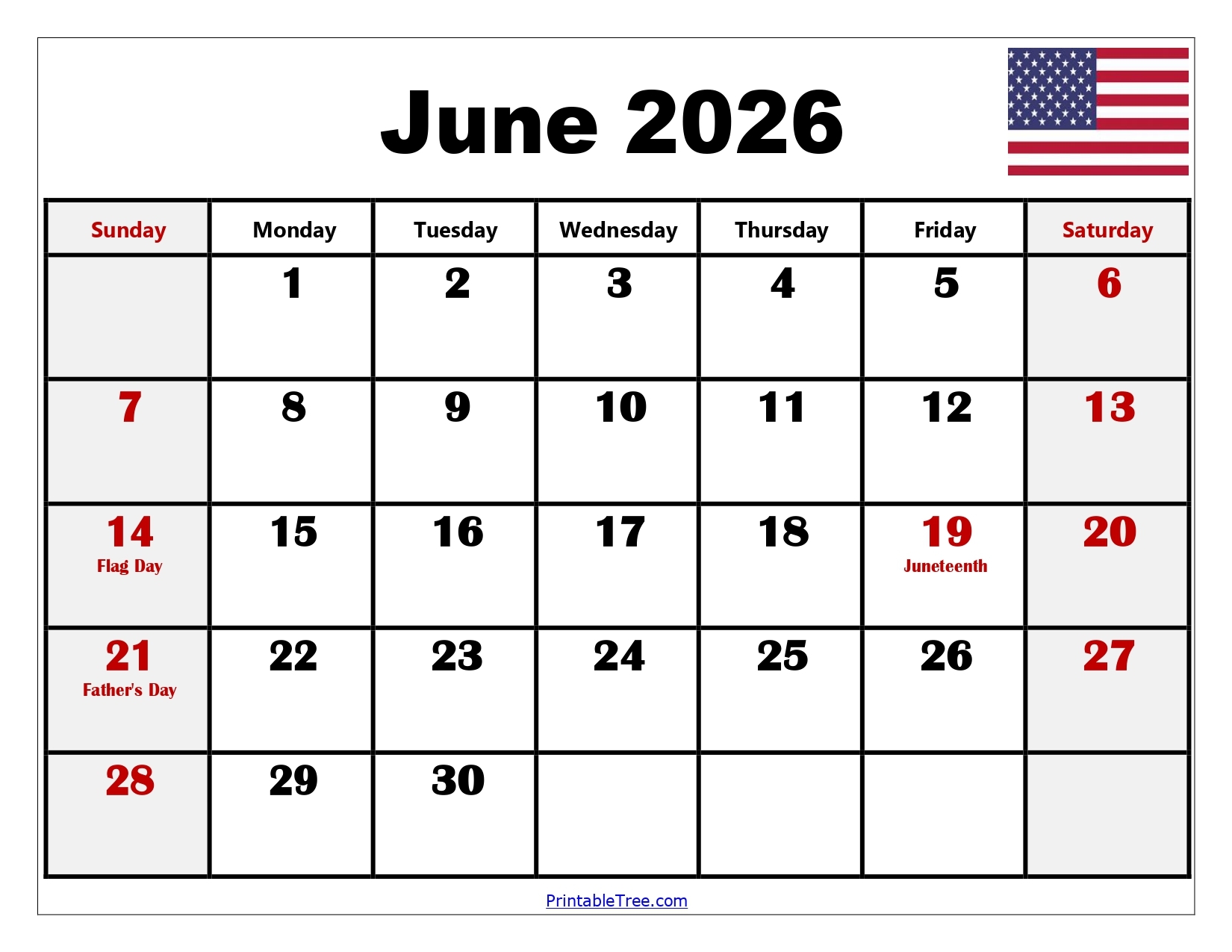 Printable June Blank Calendar 2026