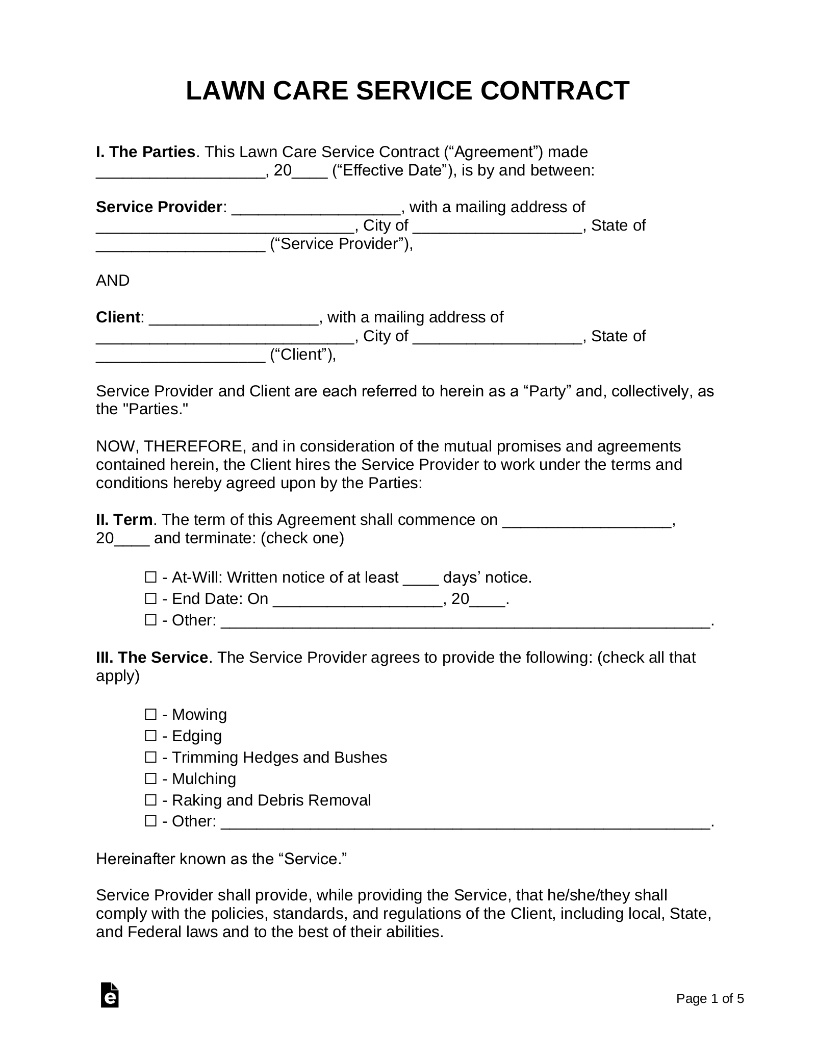 Printable Blank Landscaping Contract Template