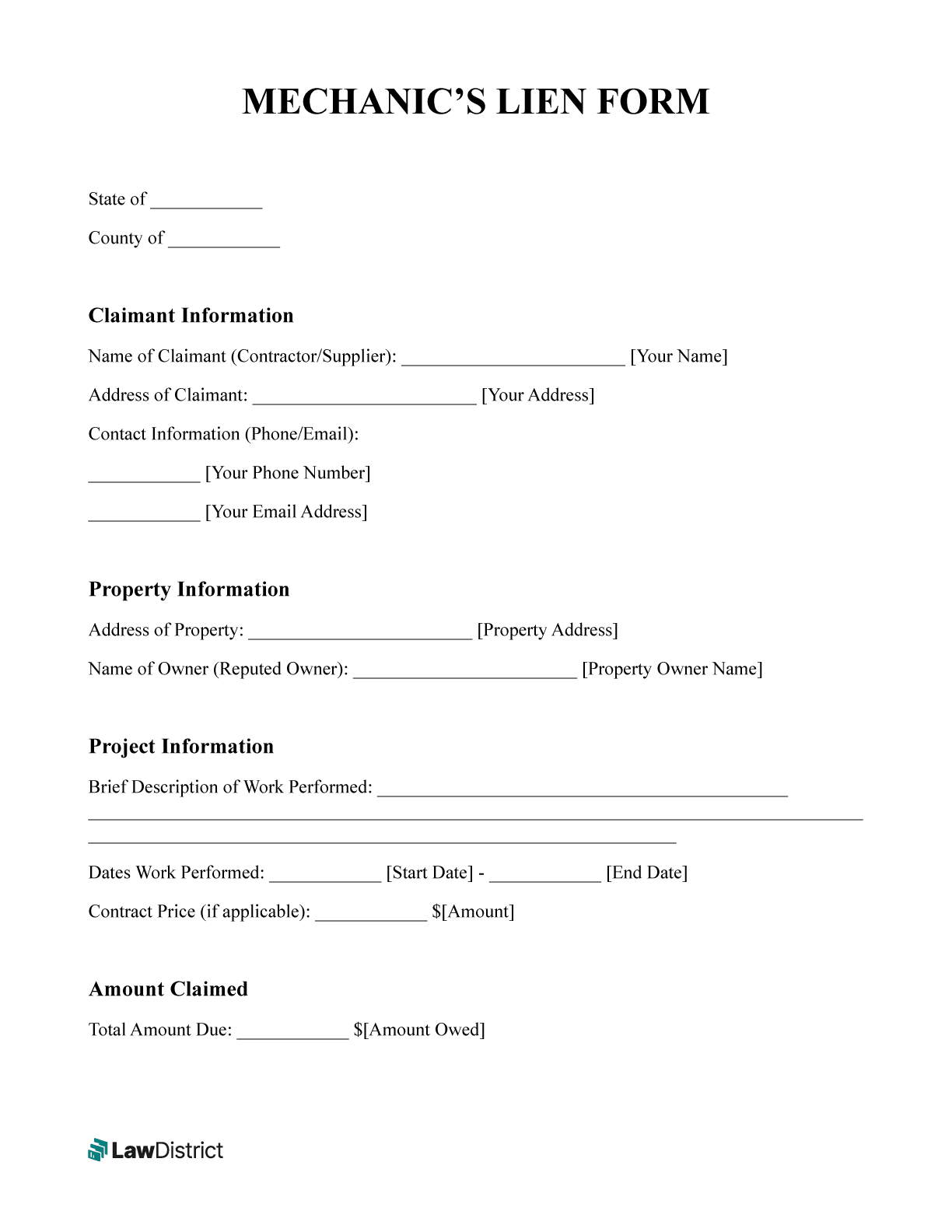 Free Mechanic s Lien Form PDF amp Word Template Lawdistrict