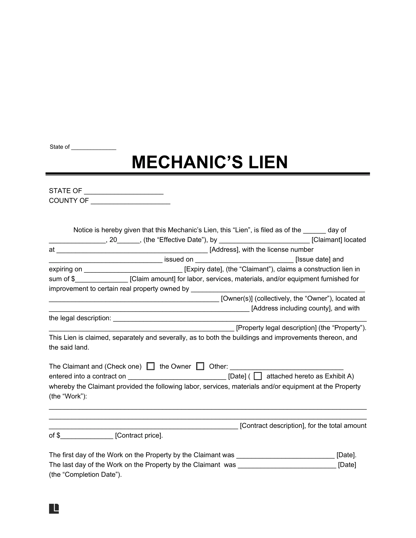 Free Mechanic s Lien Form PDF amp Word