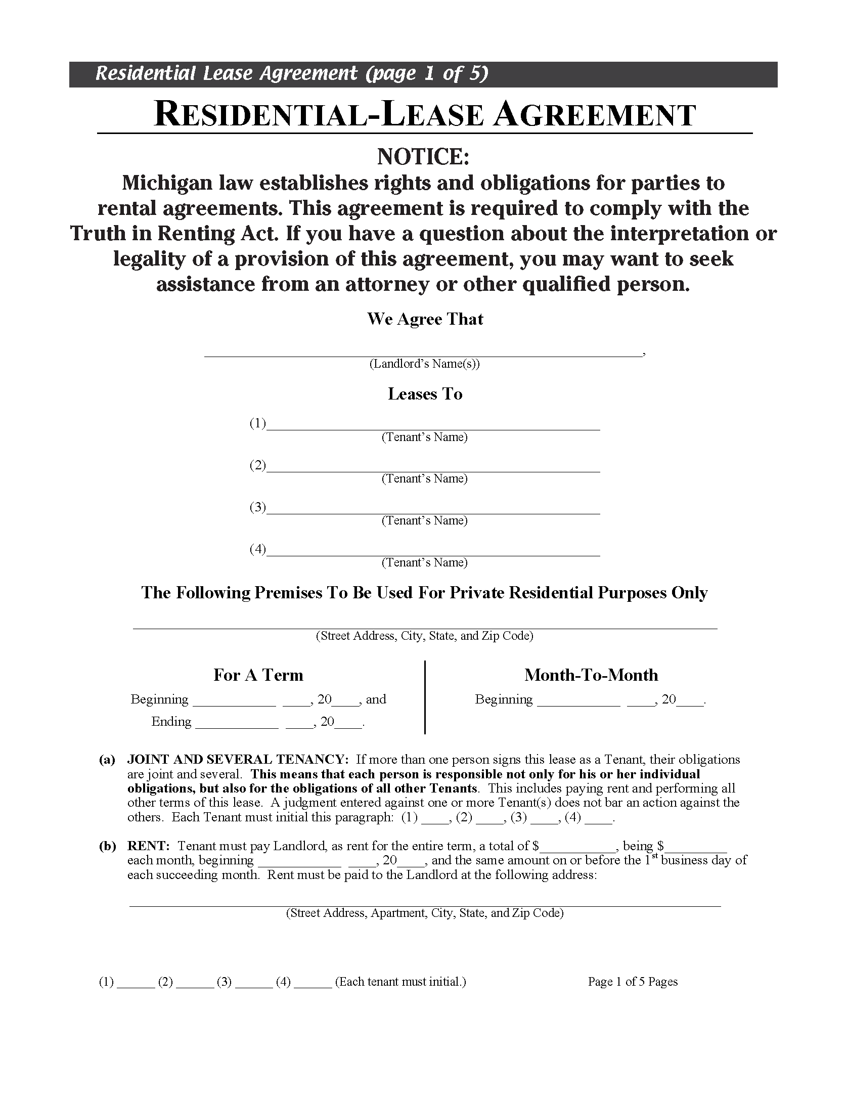 Printable Blank Rental Agreement Michigan