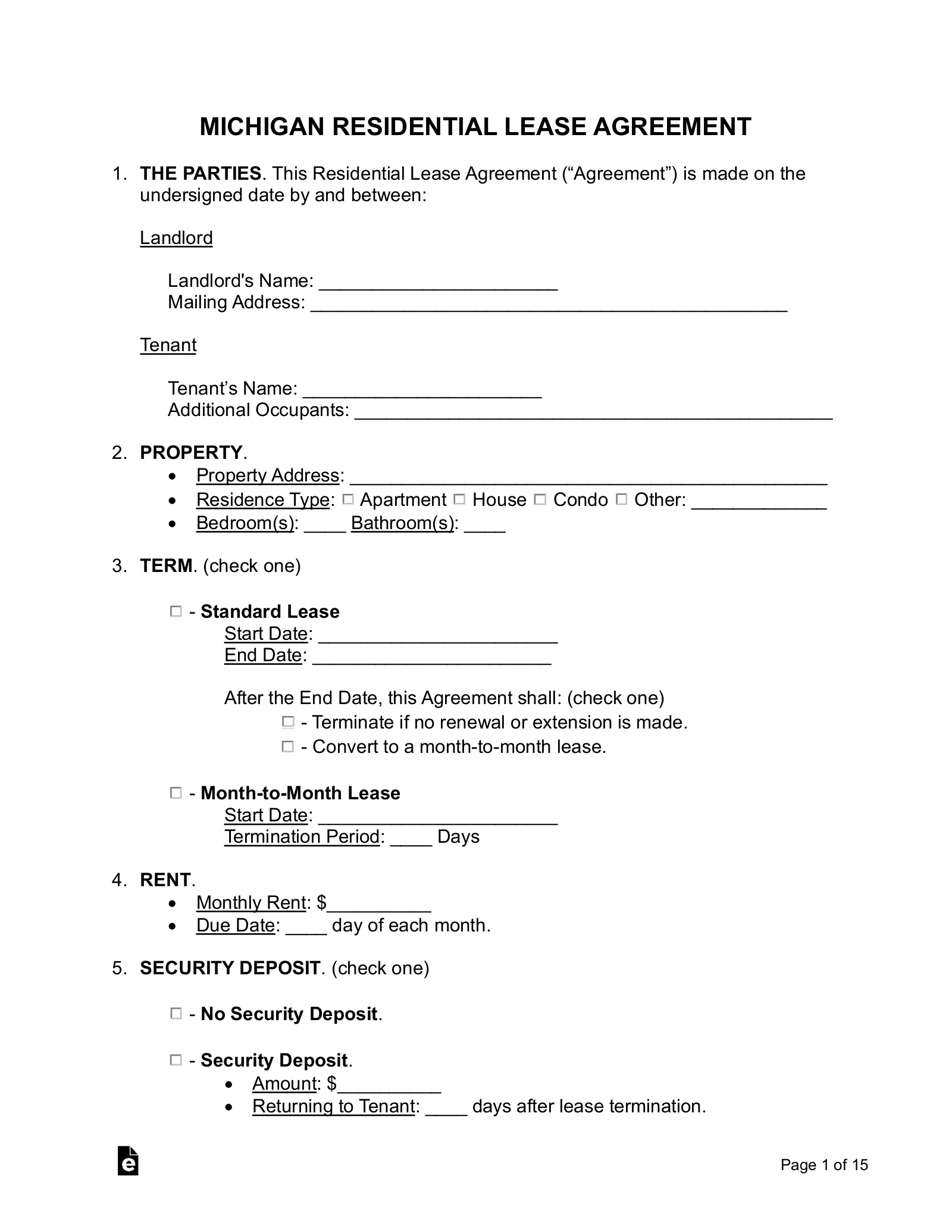 Free Michigan Standard Residential Lease Agreement Template PDF 