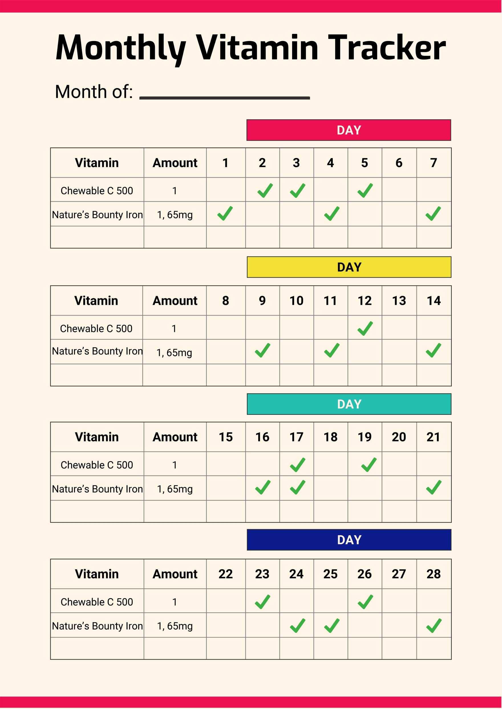 Free Monthly Vitamin Tracker Chart In Illustrator PDF Download 